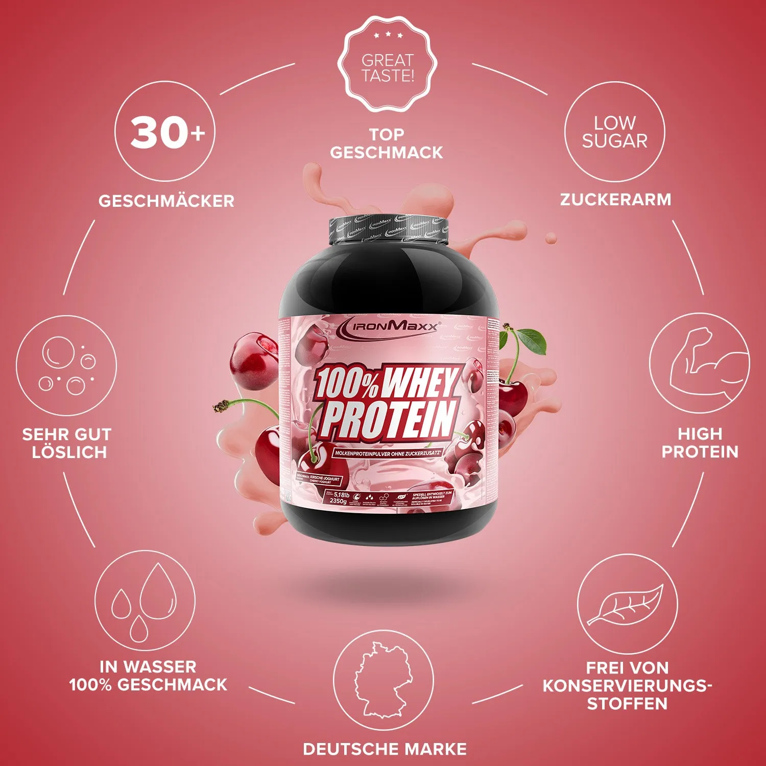 IronMaxx 100% Whey Proteinpulver 2350g Kirsche-Yoghurt zuckerfrei