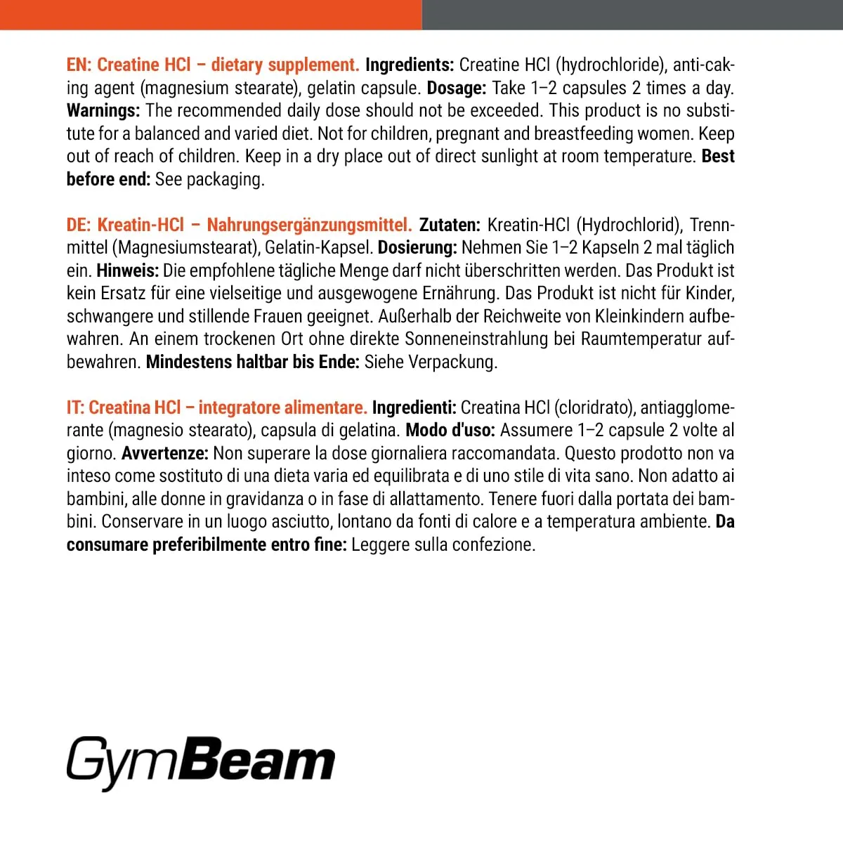 GymBeam Kreatin HCl Kapseln 120 Cps 3200 mg