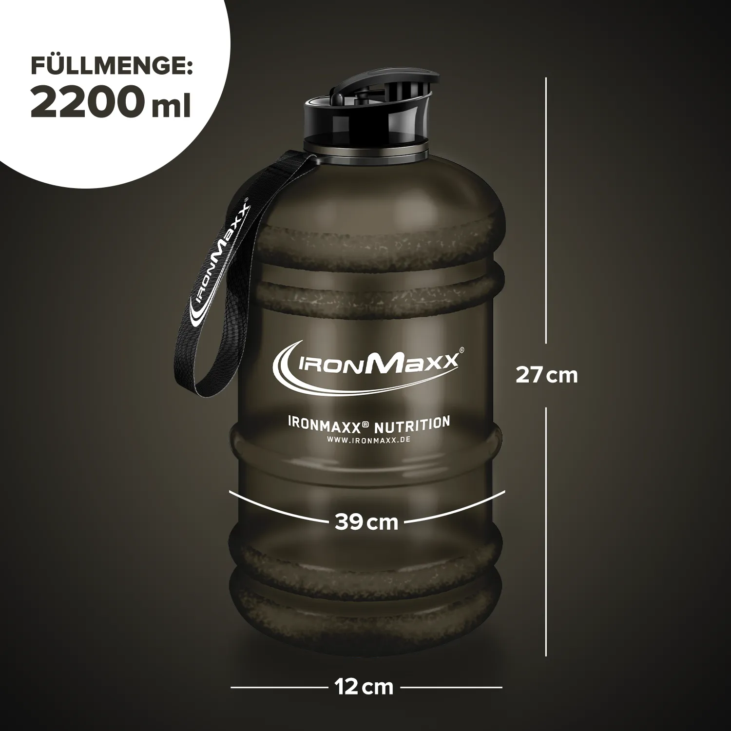 IronMaxx Water Gallon 2200 ml Trinkflasche Matt Schwarz BPA-frei