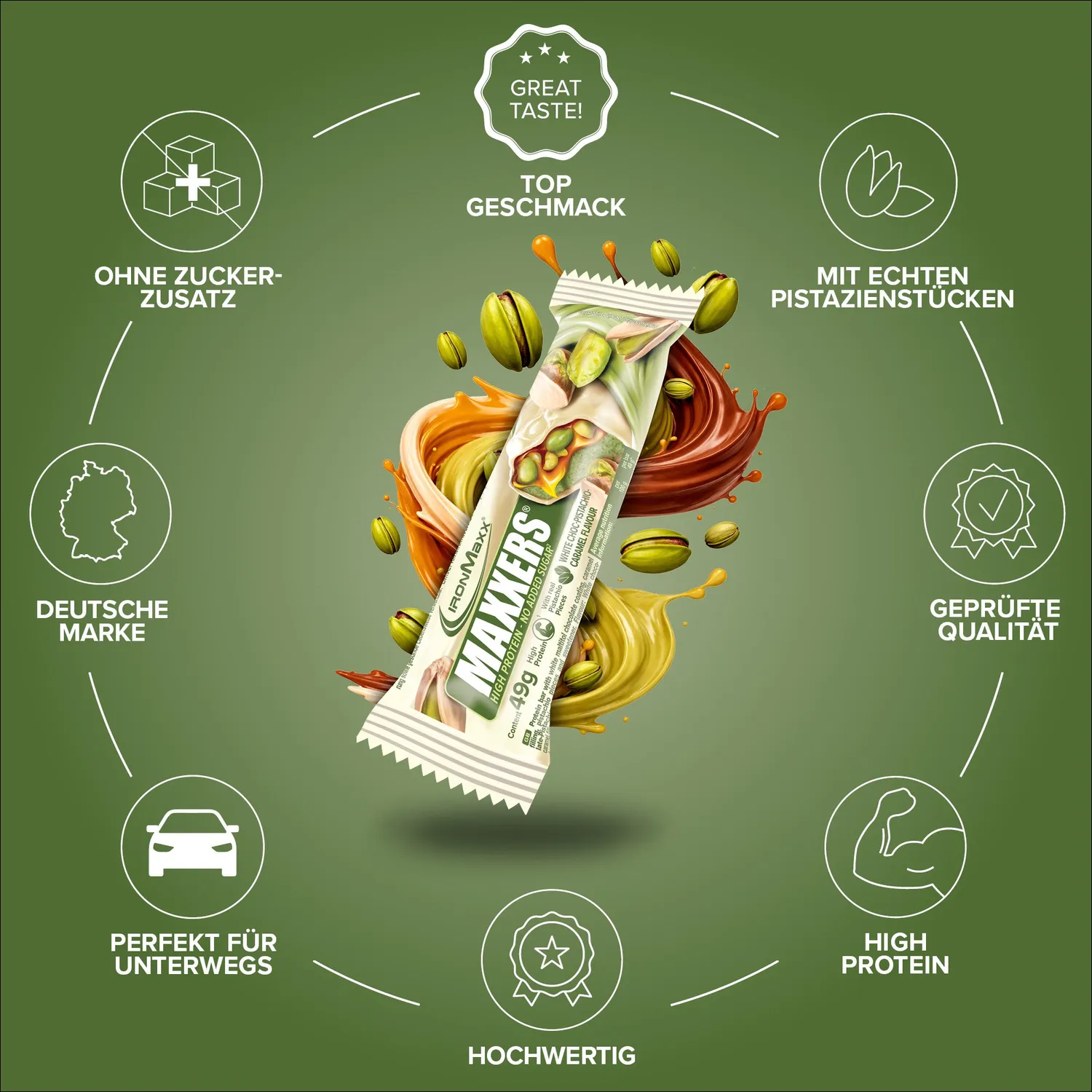 IronMaxx Maxxers Proteinriegel White Choc Pistachio Caramel 24x49g