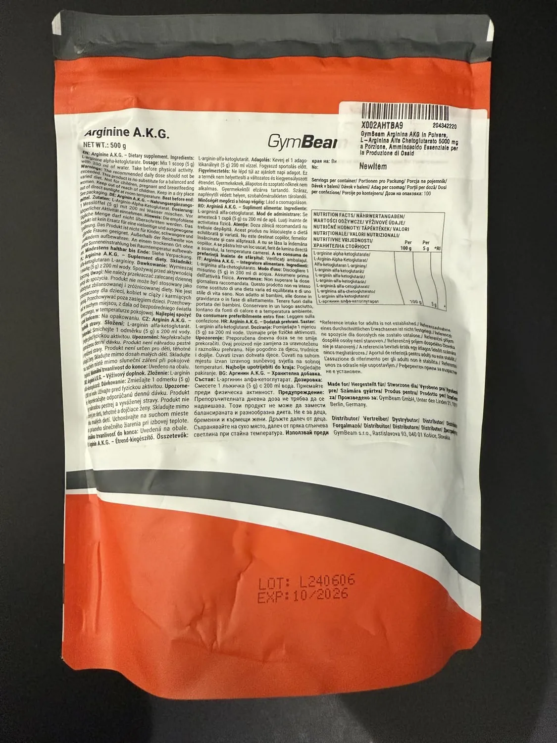 GymBeam Arginin A.K.G. Pulver neutral 500 g hochdosiert