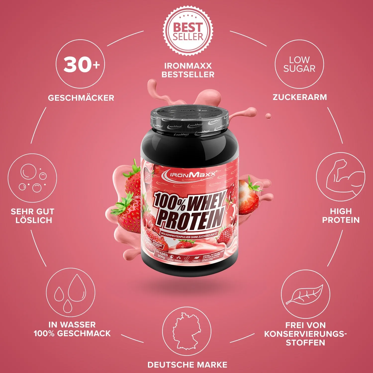IronMaxx 100% Whey Protein Strawberry 900g Muskelaufbau