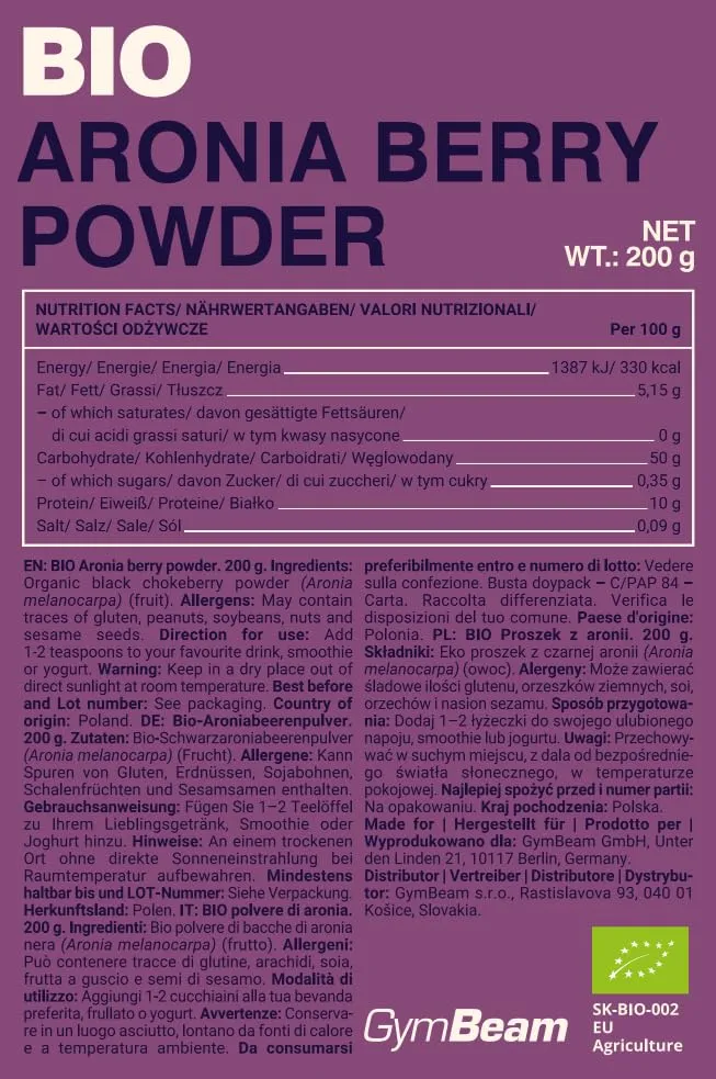 GymBeam BIO Aronia Pulver 200 g säuerlich zuckerfrei