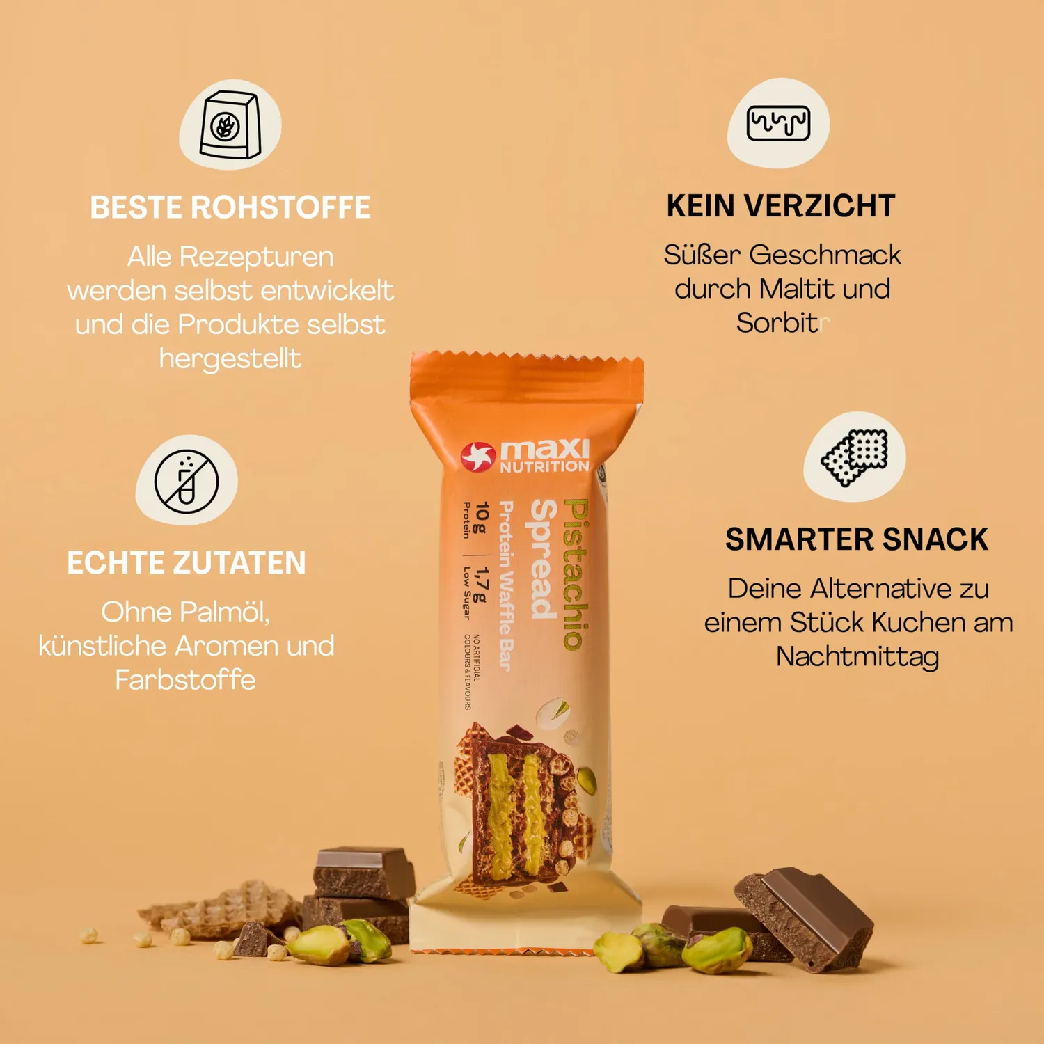 MaxiNutrition Pistachio Spread Protein Waffle Eiweißriegel 12x39g zuckerarm