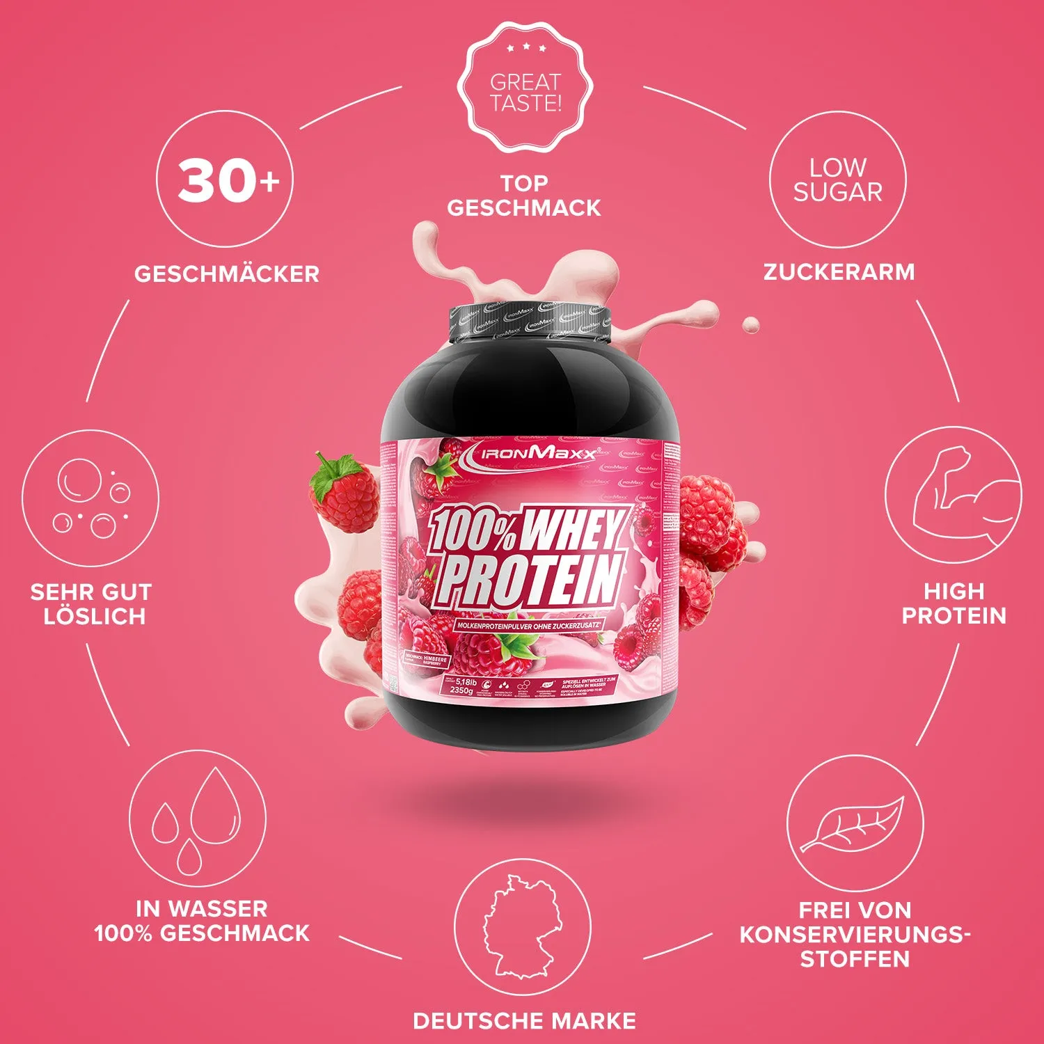 IronMaxx 100% Whey Protein 2350g Himbeere zuckerfrei