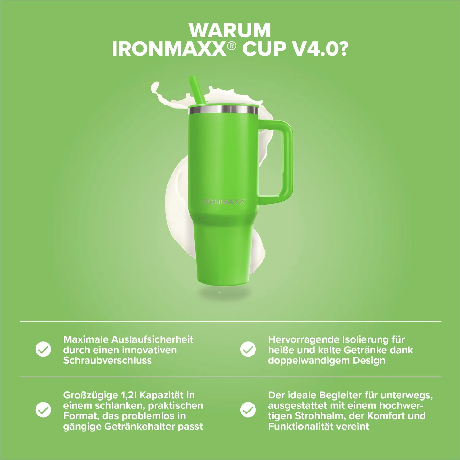 IronMaxx Cup V4.0 Becher 1200ml Active Green doppelwandig