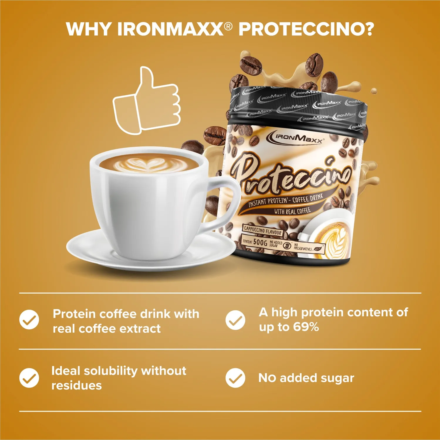 IronMaxx Proteccino Cappuccino Protein Kaffee 500g koffeinhaltig