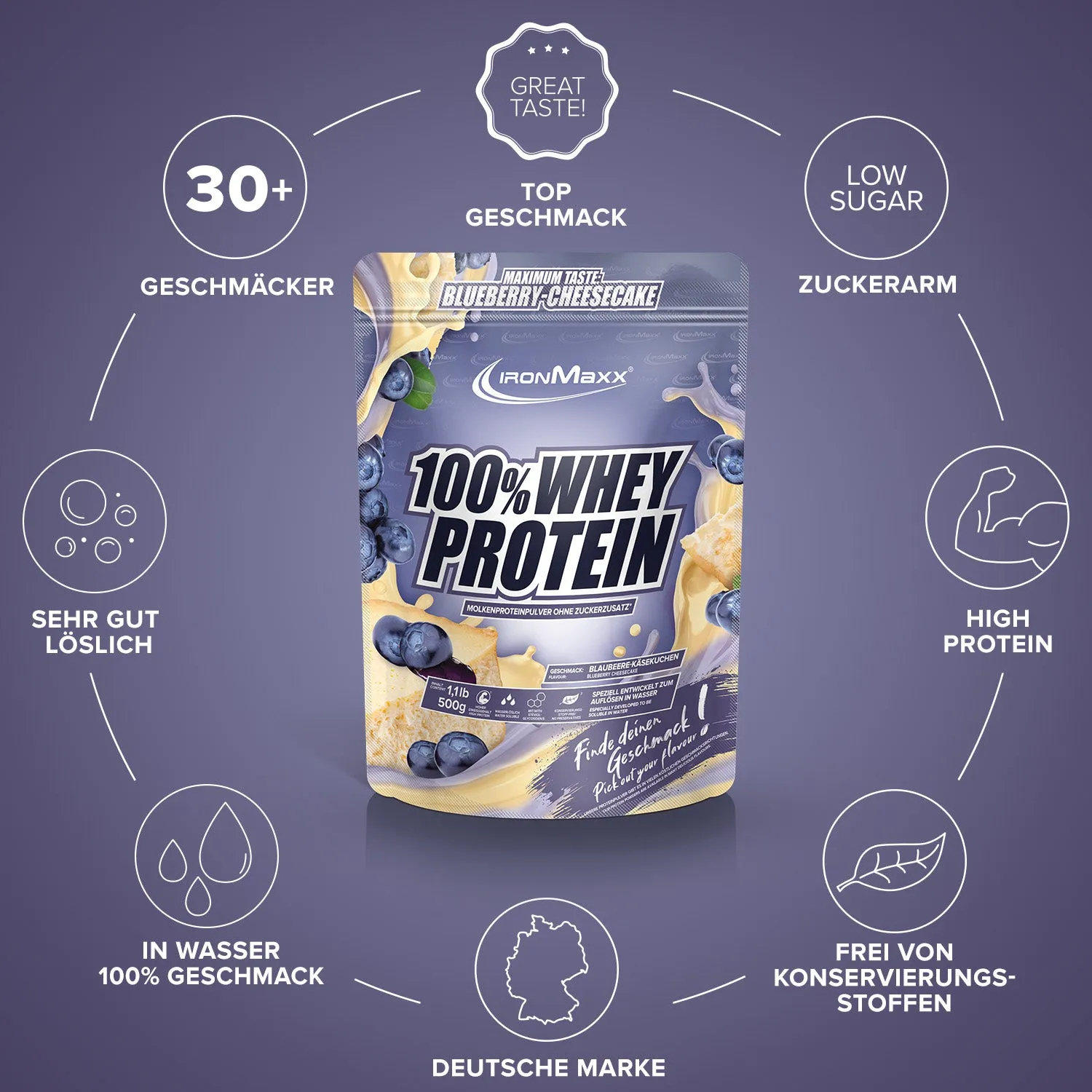 IronMaxx 100% Whey Protein Blueberry Cheesecake 500g