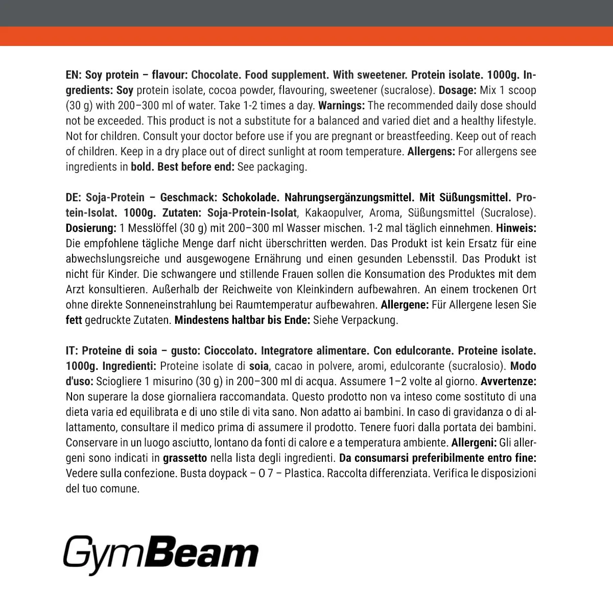 GymBeam Soja Protein Isolat Pulver 1000g Schokolade vegan