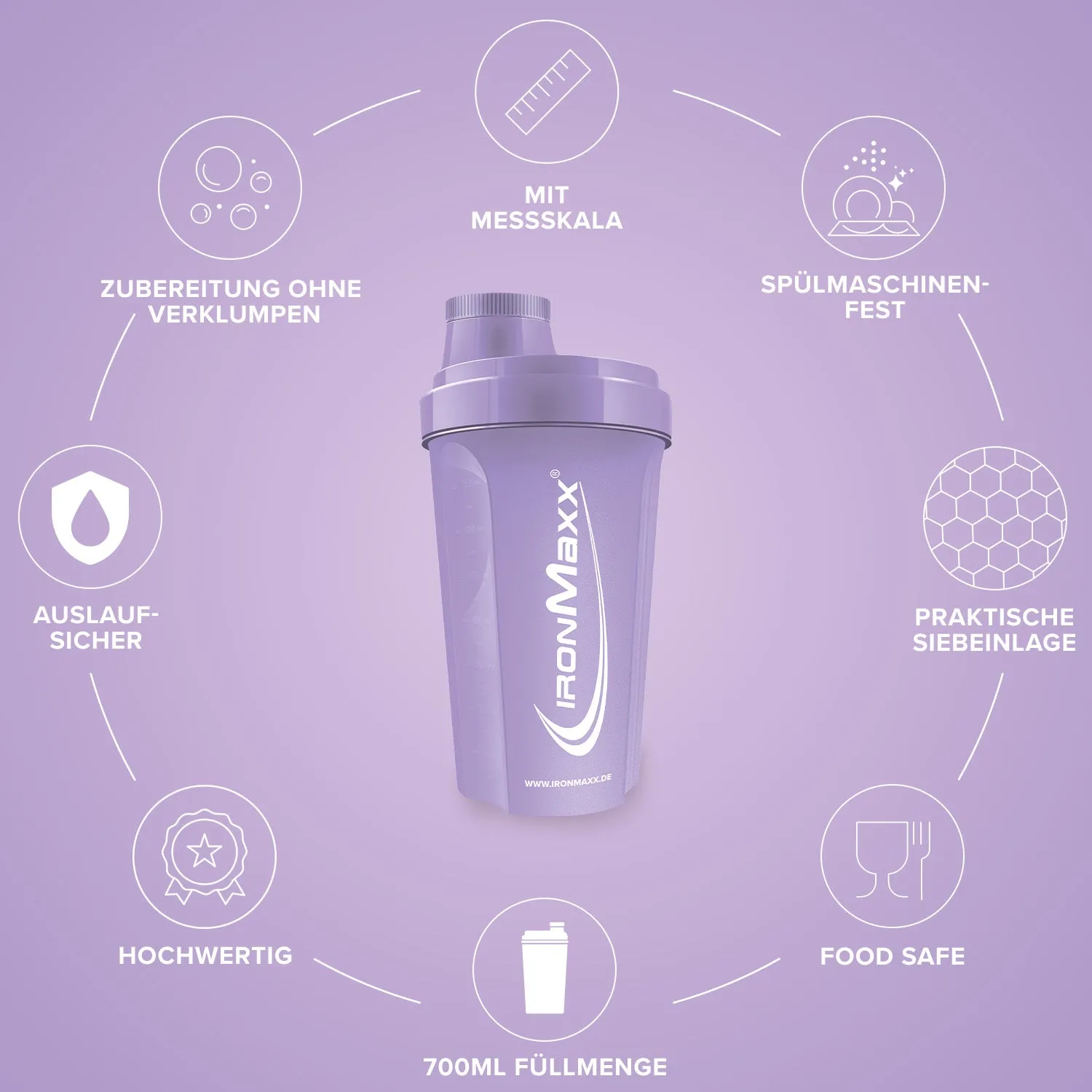 IronMaxx Shaker Lavender 700 ml BPA-frei mit Sieb