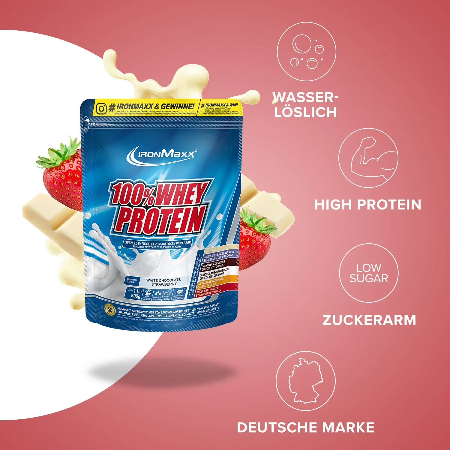 IronMaxx 100% Whey Protein 500g Weiße Schoko-Erdbeere