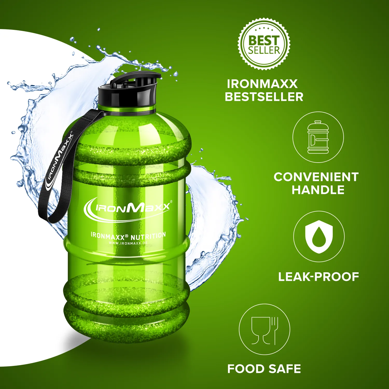 IronMaxx Water Gallon Trinkflasche 2200ml Grün BPA-frei