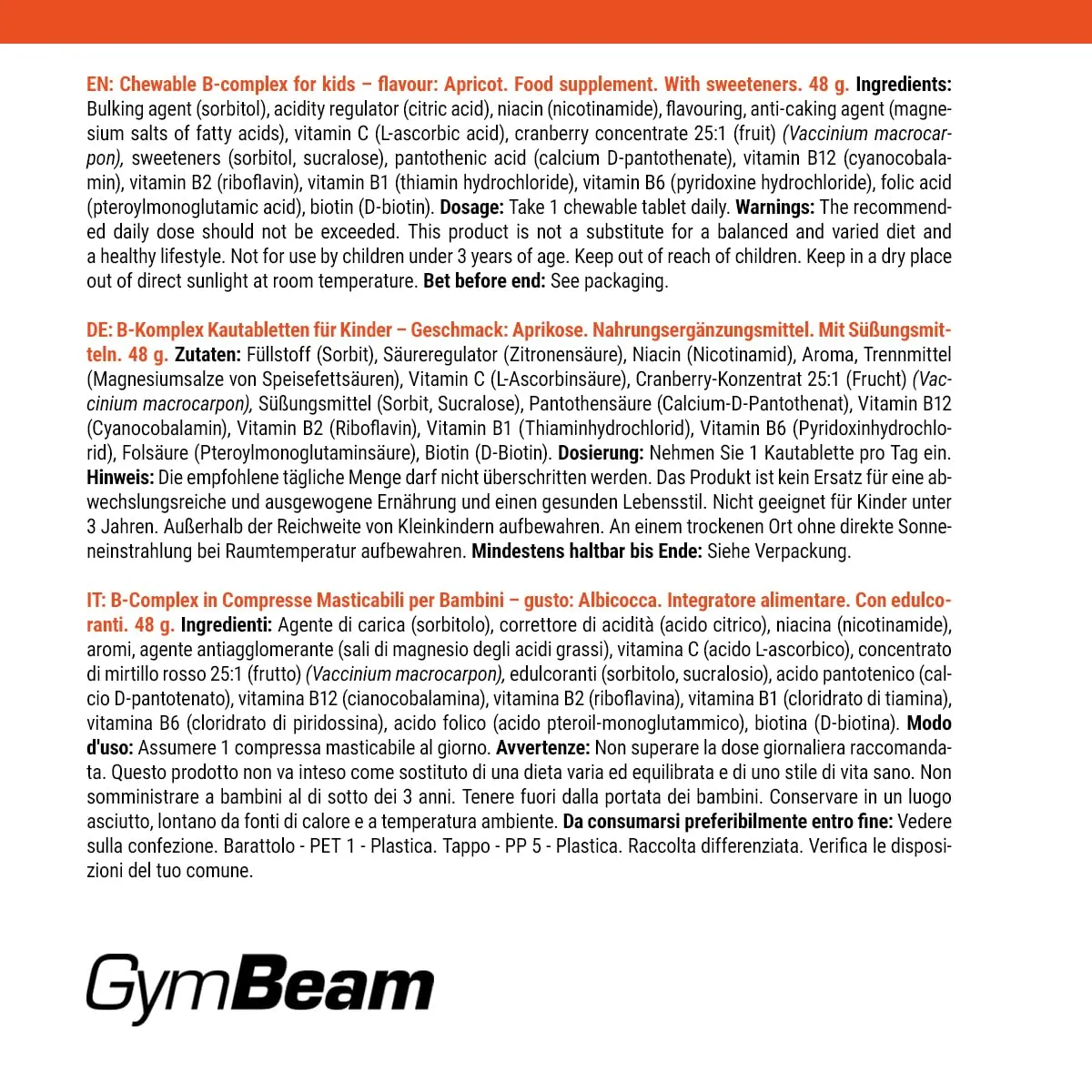 GymBeam B-Komplex Kautabletten Kinder 120 Stück