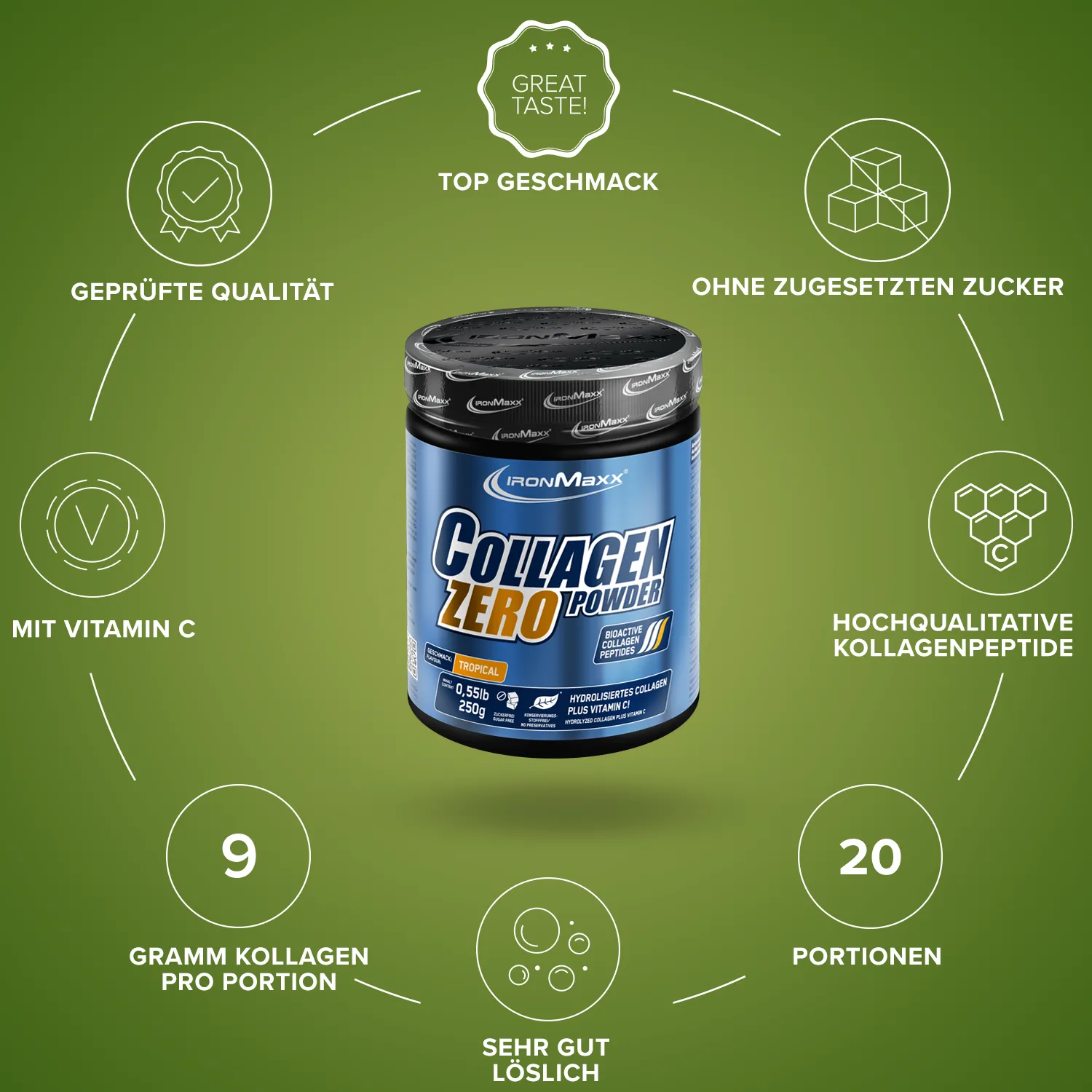 IronMaxx Collagen Powder Zero Kollagen Pulver 250g Grüntee-Zitrone