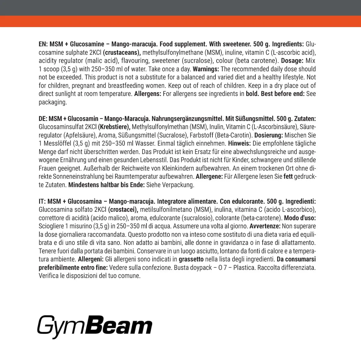 GymBeam Gelenknahrung MSM Glucosamin Pulver Mango-Maracuja 500 g
