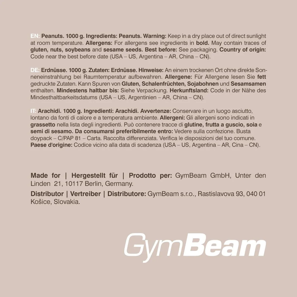 GymBeam Ungesalzene Erdnüsse Snack 1000g naturbelassen
