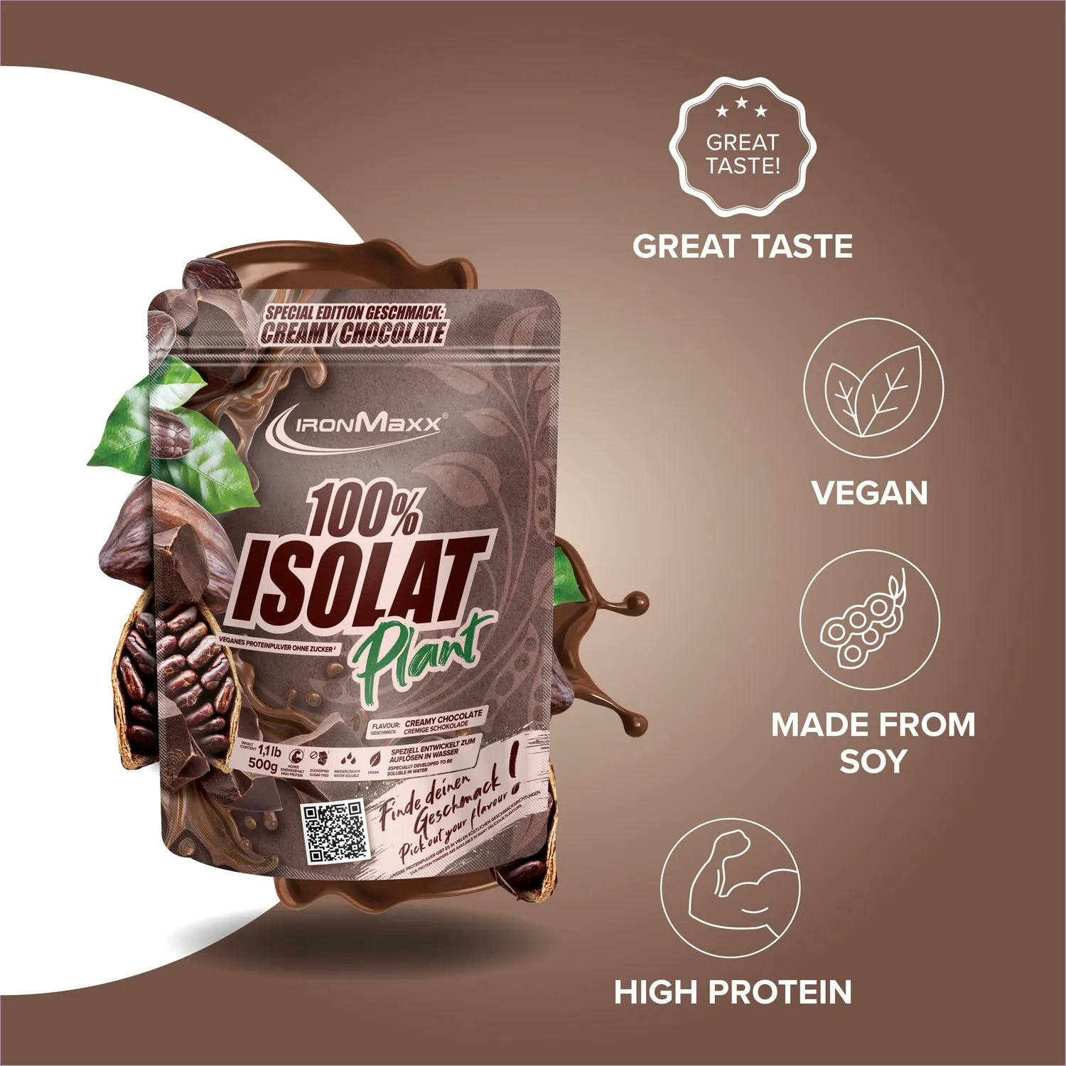 IronMaxx 100% Isolat Plant Proteinpulver 500g Chocolate vegan