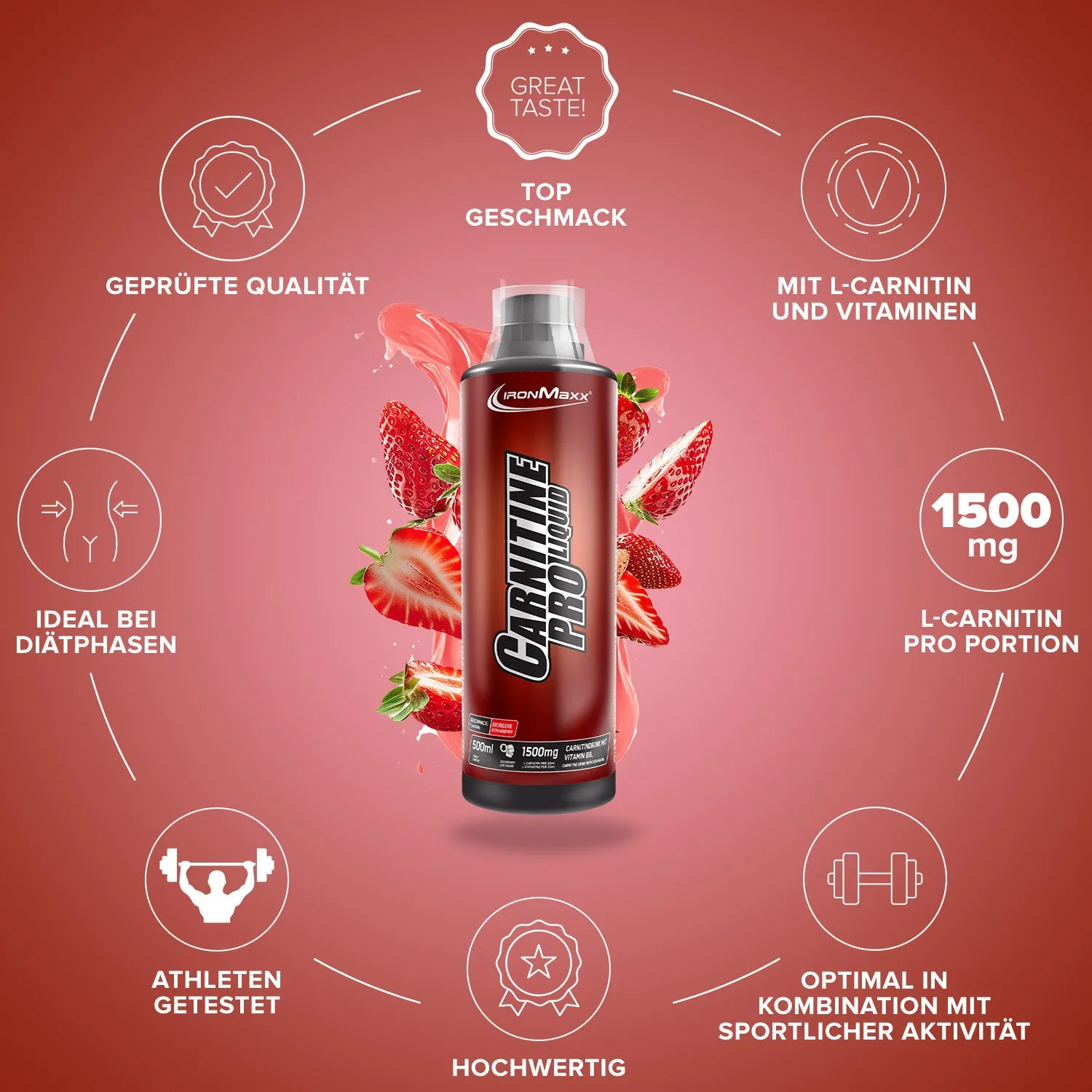 IronMaxx Carnitine Pro Liquid 500ml Erdbeere vegan