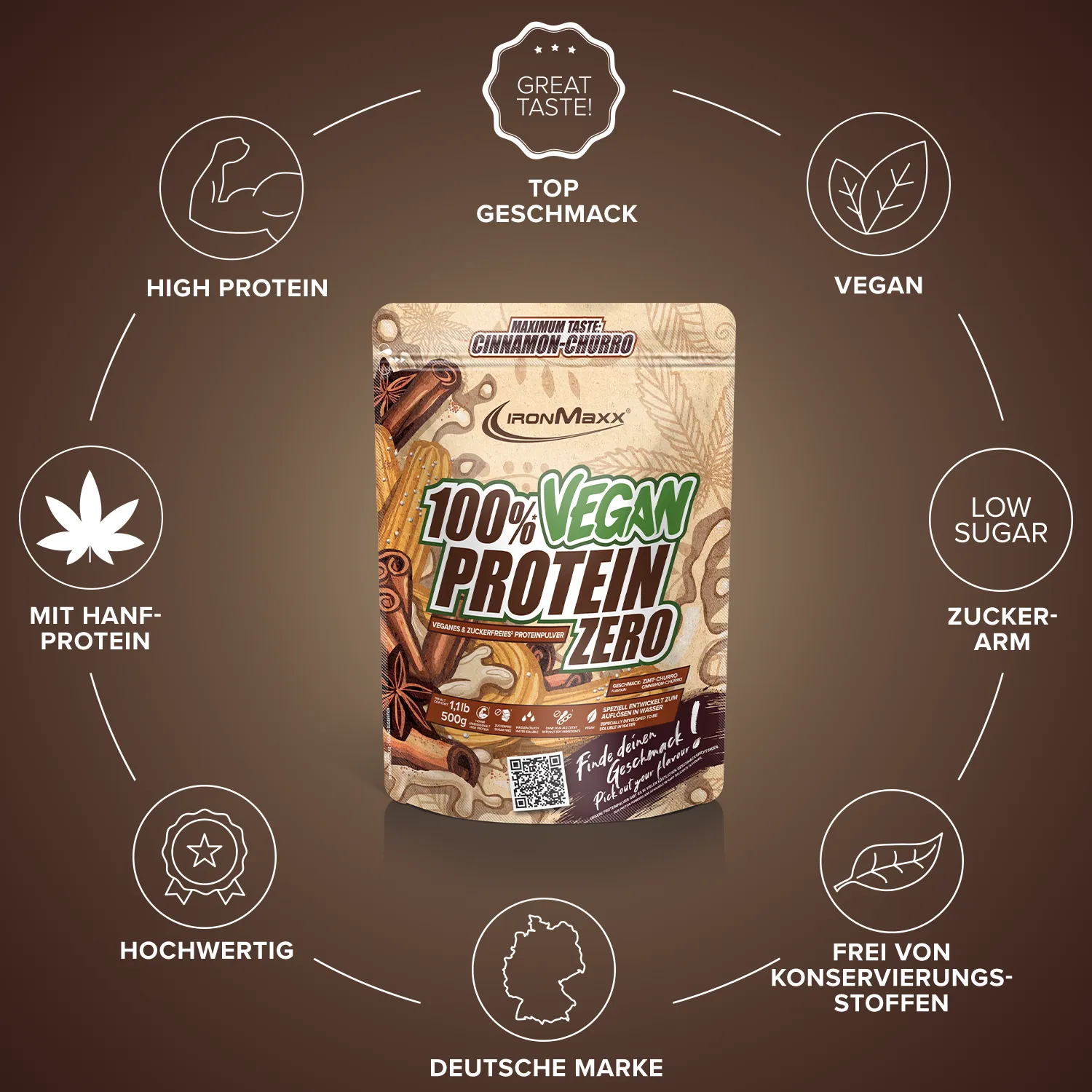 IronMaxx 100% Vegan Protein Zero Pulver 500g Cinnamon Churro