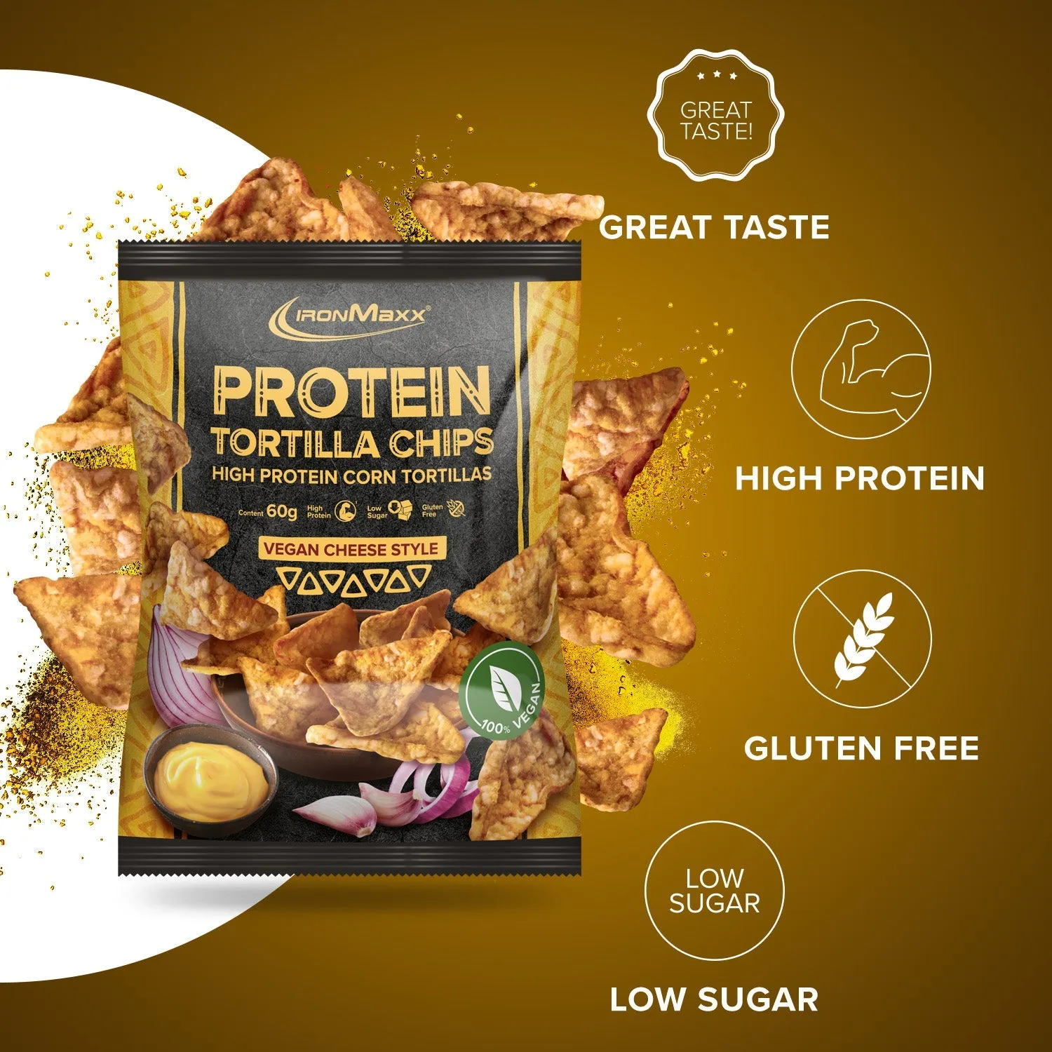 IronMaxx Protein Tortilla Chips 60g Vegan Cheese Style proteinreich
