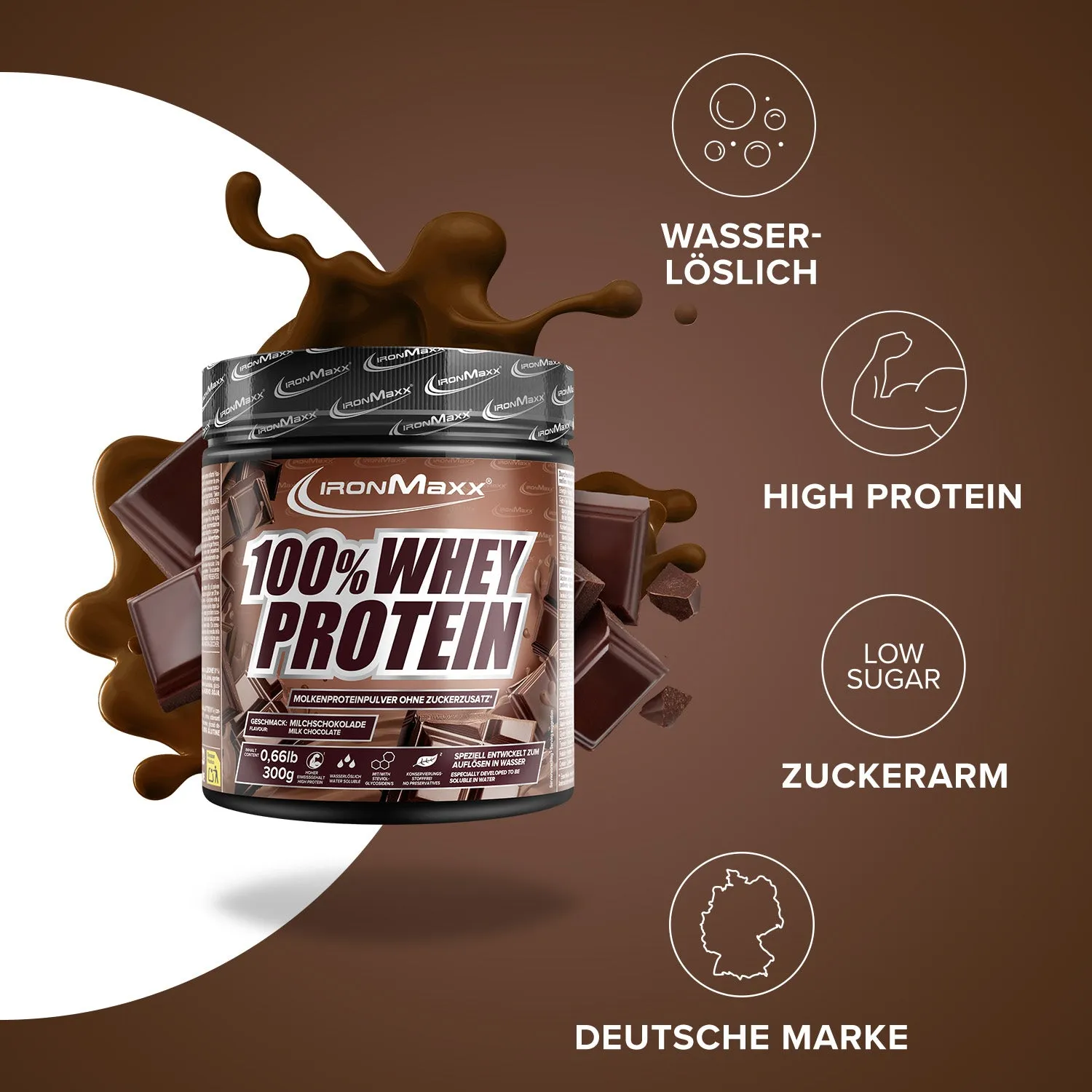 IronMaxx 100% Whey Protein Pulver Milchschokolade 300g zuckerfrei