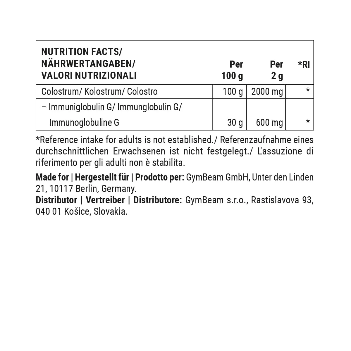 GymBeam Kolostrum Pulver 250 g 30% IgG