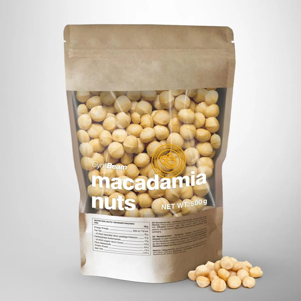 GymBeam Macadamianüsse ungesalzen 500 g veganer Snack