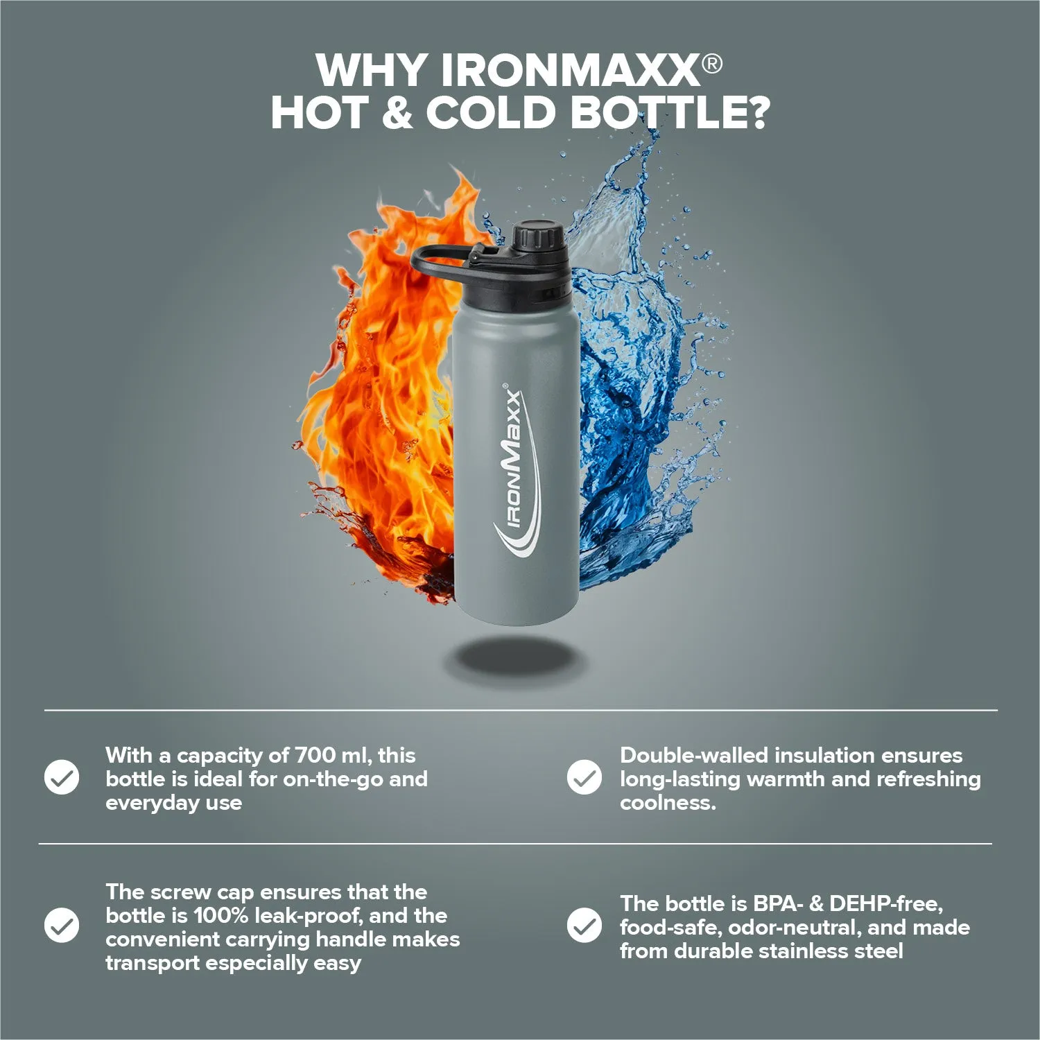 IronMaxx Hot & Cold Bottle Trinkflasche 800ml Ash Grey isoliert