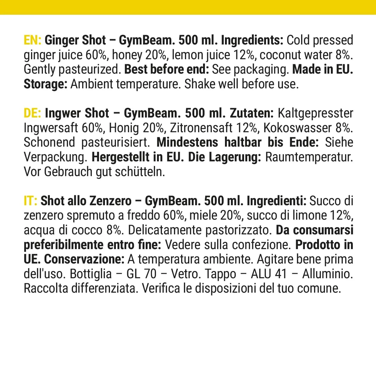GymBeam Ingwer Shot Getränk 500 ml scharf