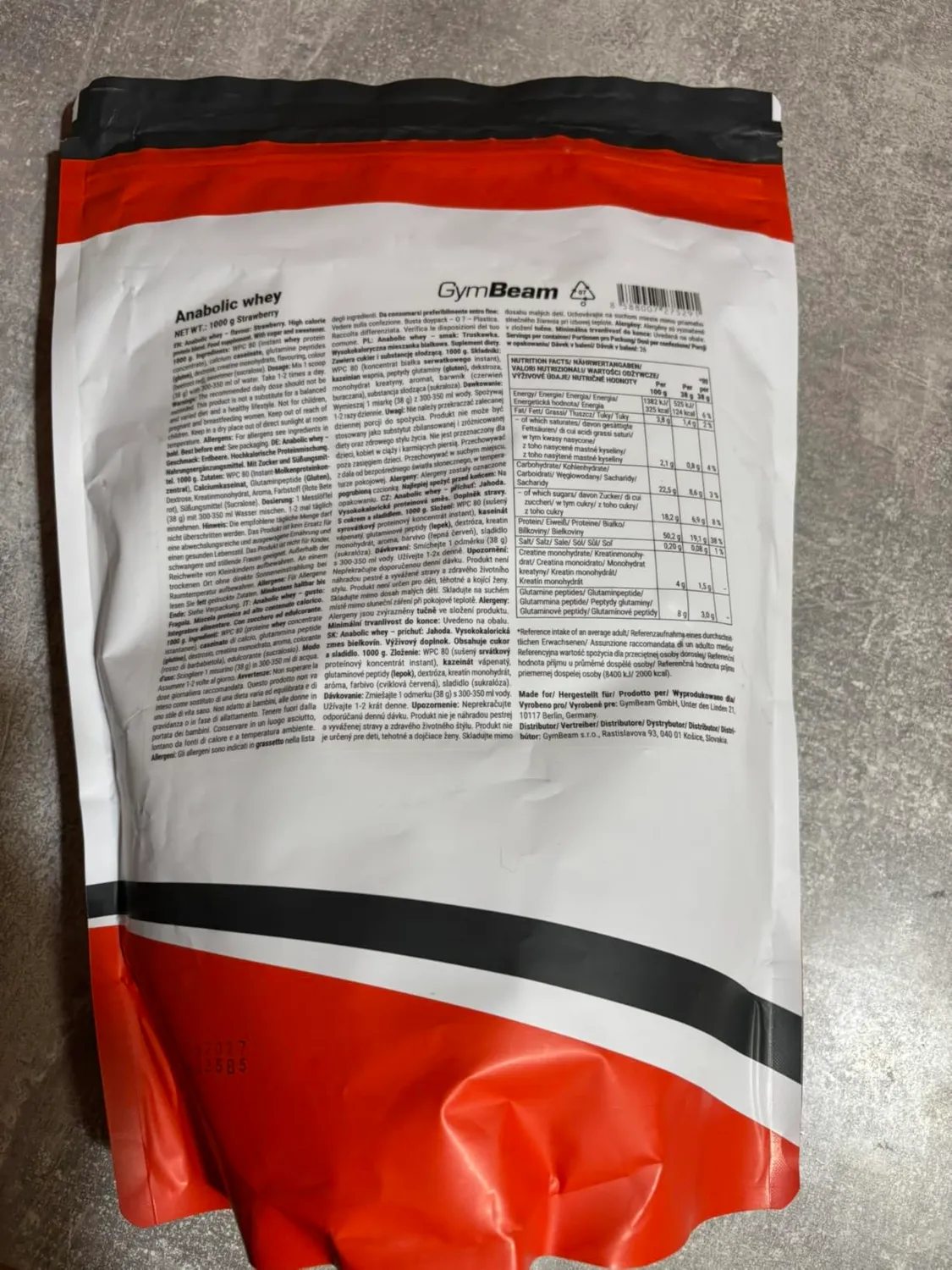 GymBeam Anabolic Whey Proteinpulver Erdbeere 1000 g 22 g Protein