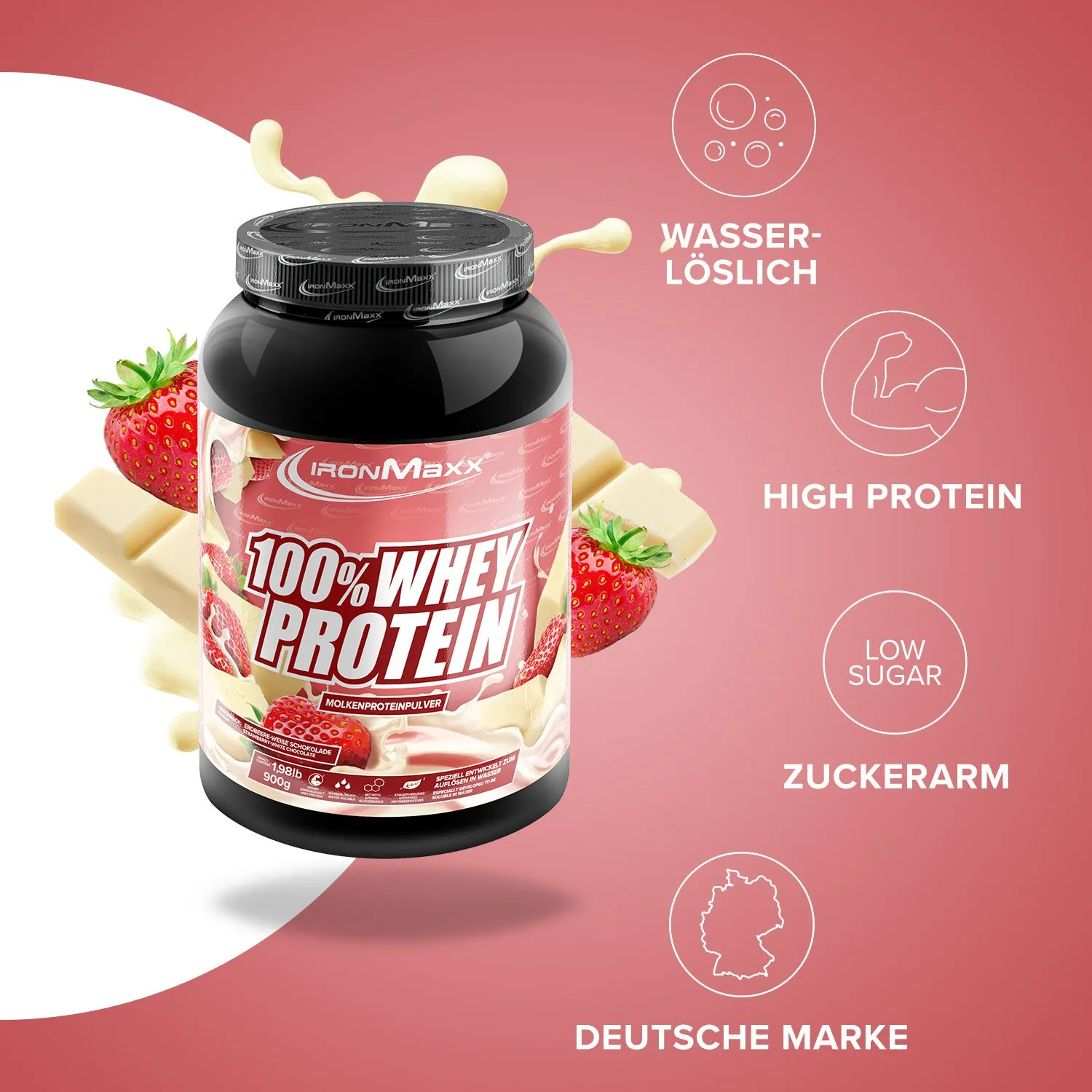 IronMaxx 100% Whey Protein Pulver Weiße Schokolade Erdbeere 900g