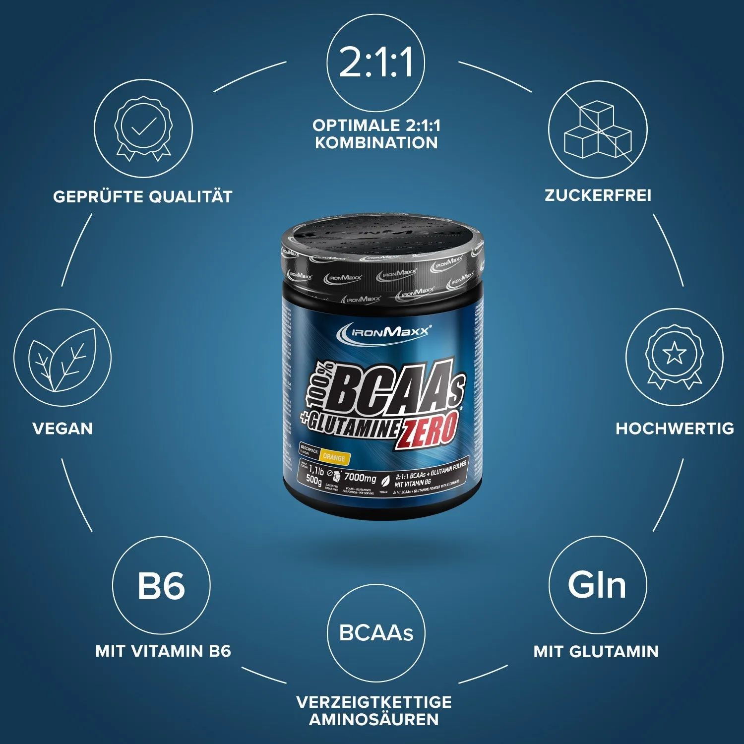 IronMaxx BCAAs + Glutamine Zero Pulver Orange 500g zuckerfrei