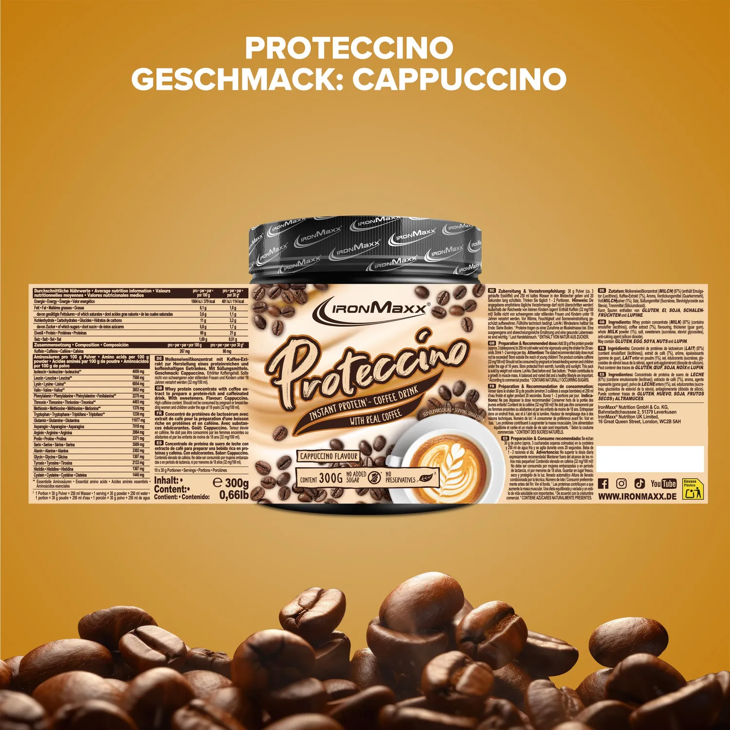 IronMaxx Proteccino Cappuccino Proteinpulver 300g mit Koffein