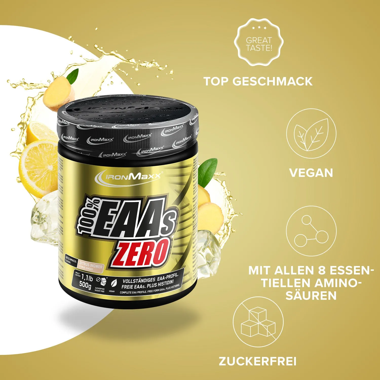 IronMaxx 100% EAAs Zero EAA Pulver 500g Zitrus-Ingwer vegan