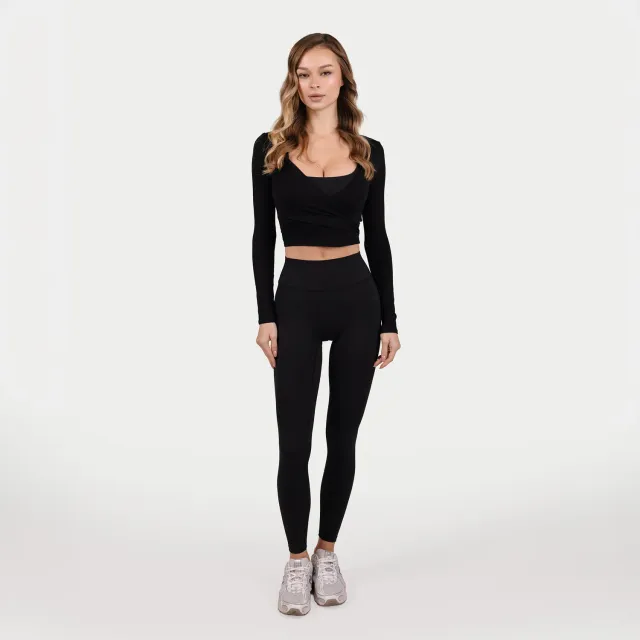 MRIIÀ Sculpt Luxe Bodycon Wrap Top schwarz Langarm Größe wählen