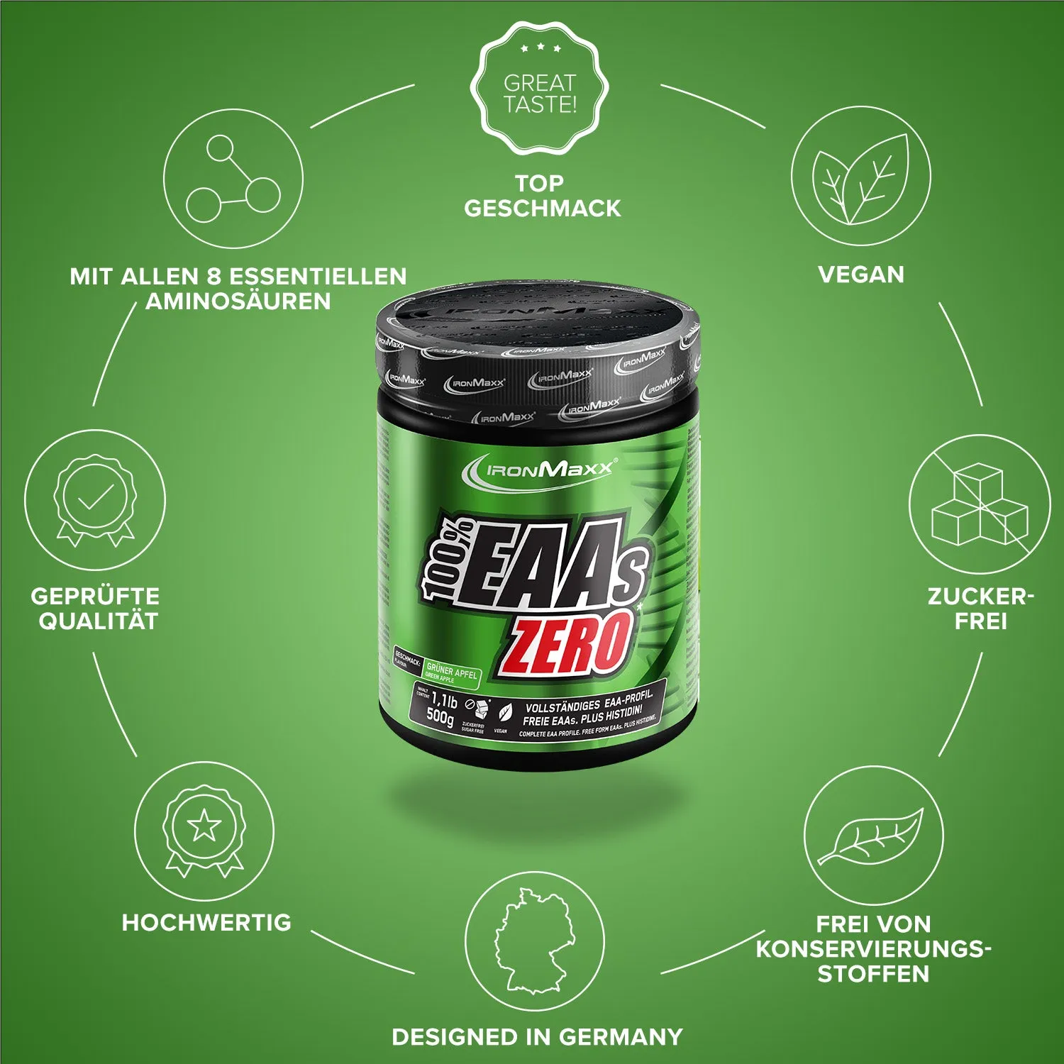 IronMaxx 100% EAAs Zero EAA Pulver 500g Apfel