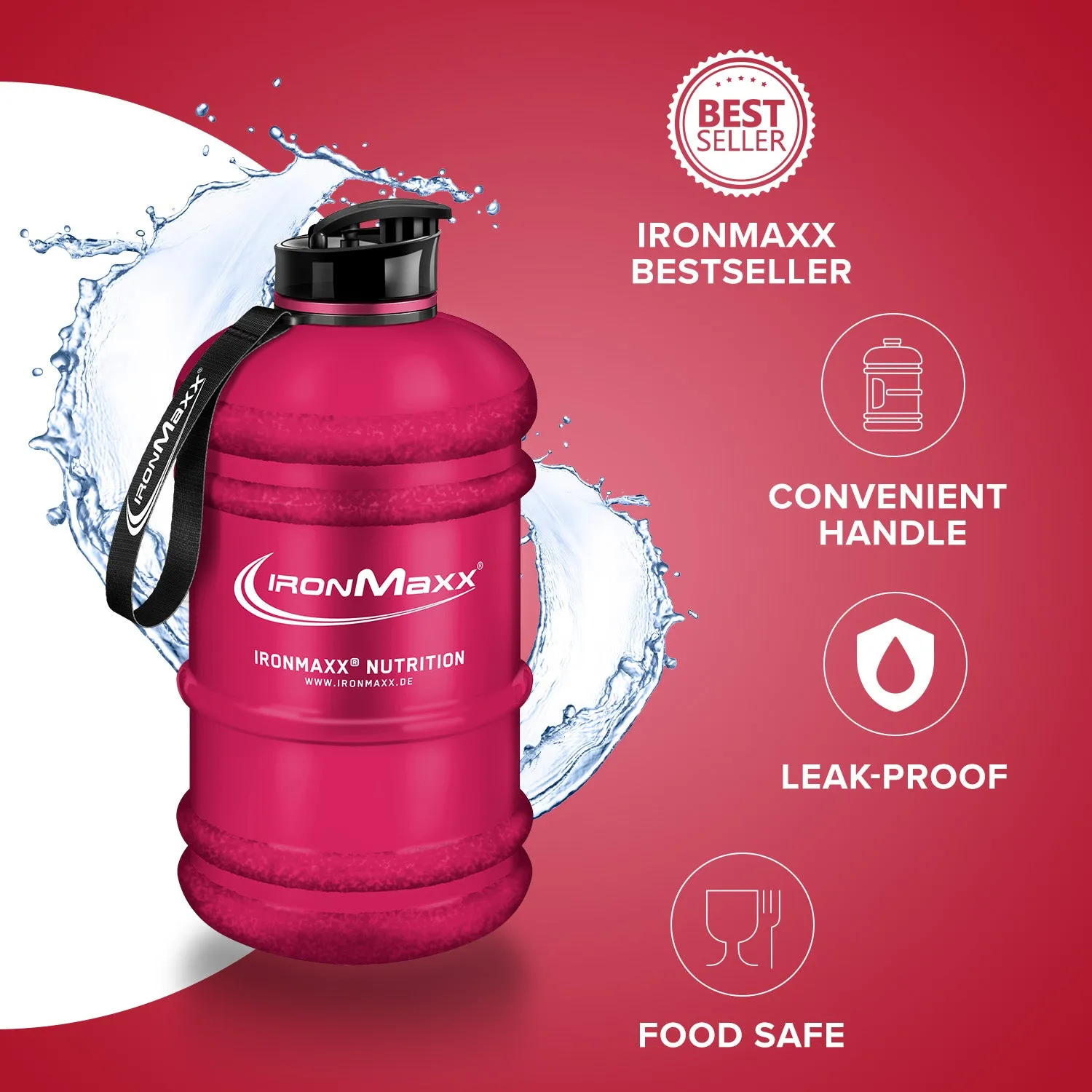 IronMaxx Water Gallon Trinkflasche 2200ml Matt Rot
