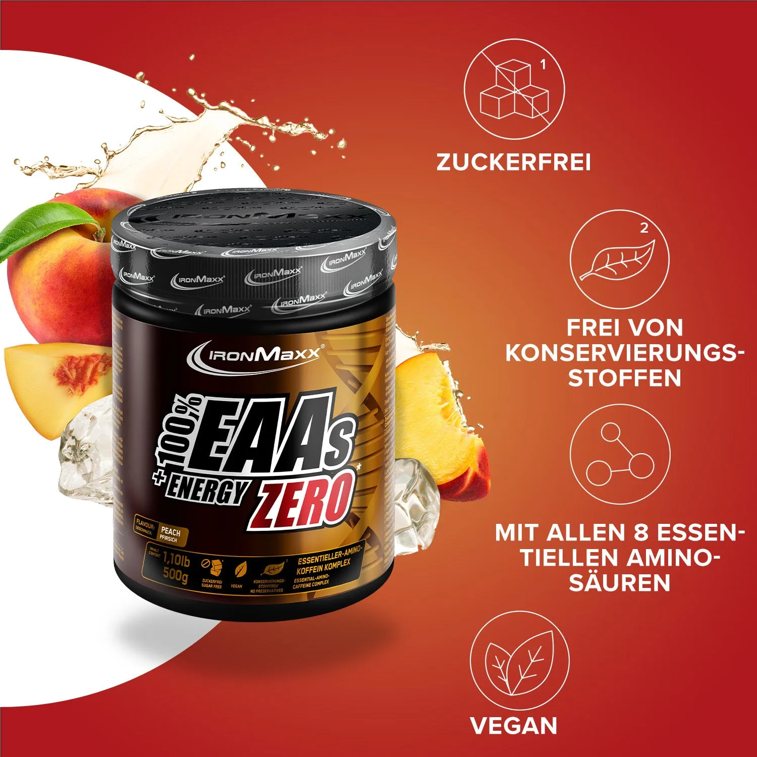IronMaxx EAAs + Energy ZERO Pulver 500g Peach