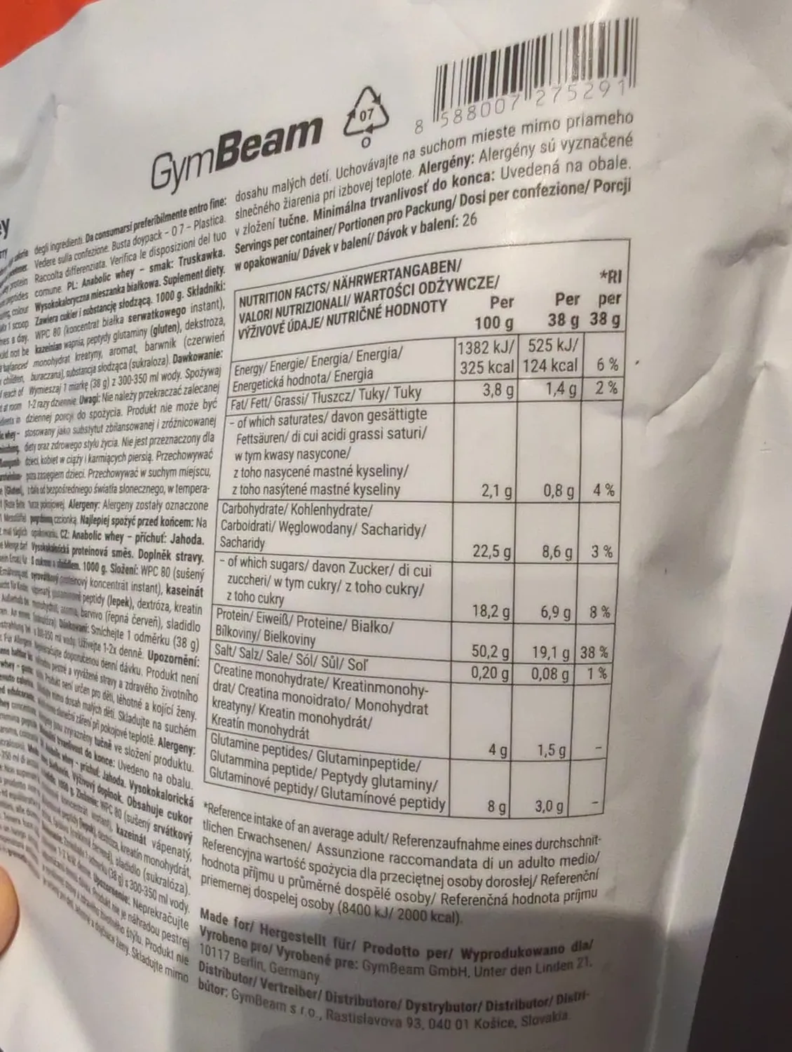 GymBeam Anabolic Whey Proteinpulver Erdbeere 1000 g 22 g Protein