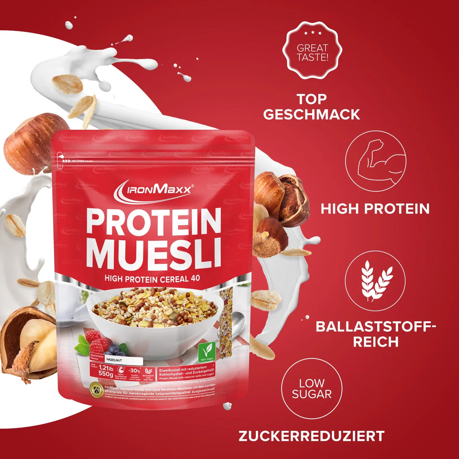 IronMaxx Protein Müsli Haselnuss 550g vegan proteinreich