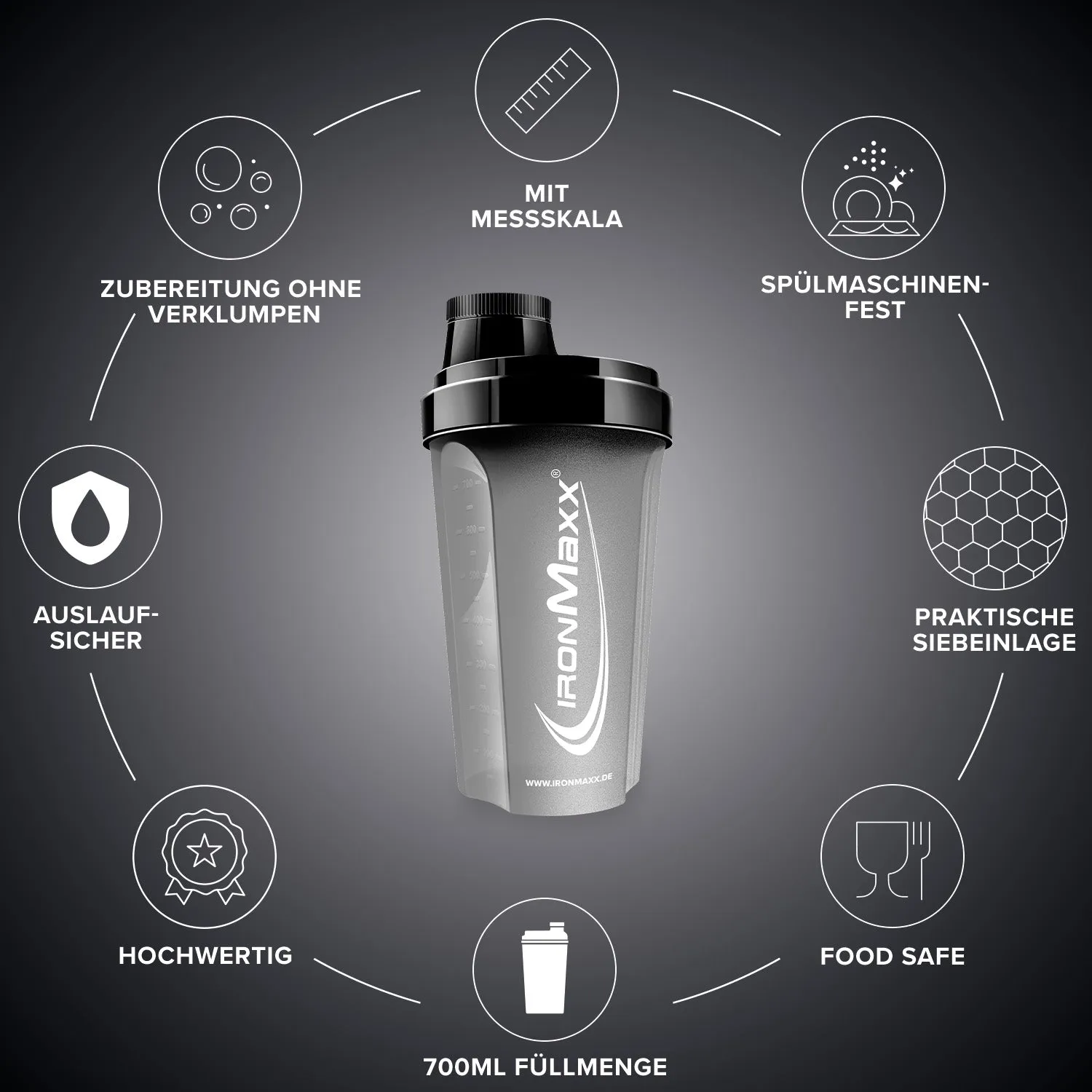 IronMaxx Shaker Schwarz Matt 700ml BPA-frei