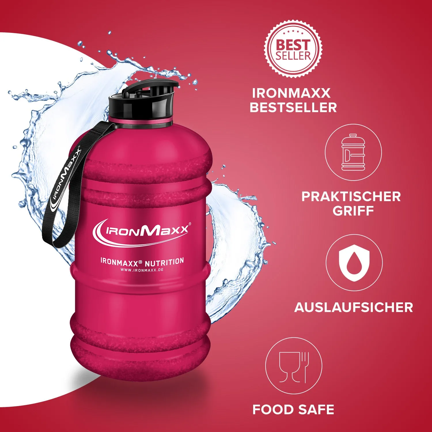 IronMaxx Water Gallon Trinkflasche 2200ml Matt Rot