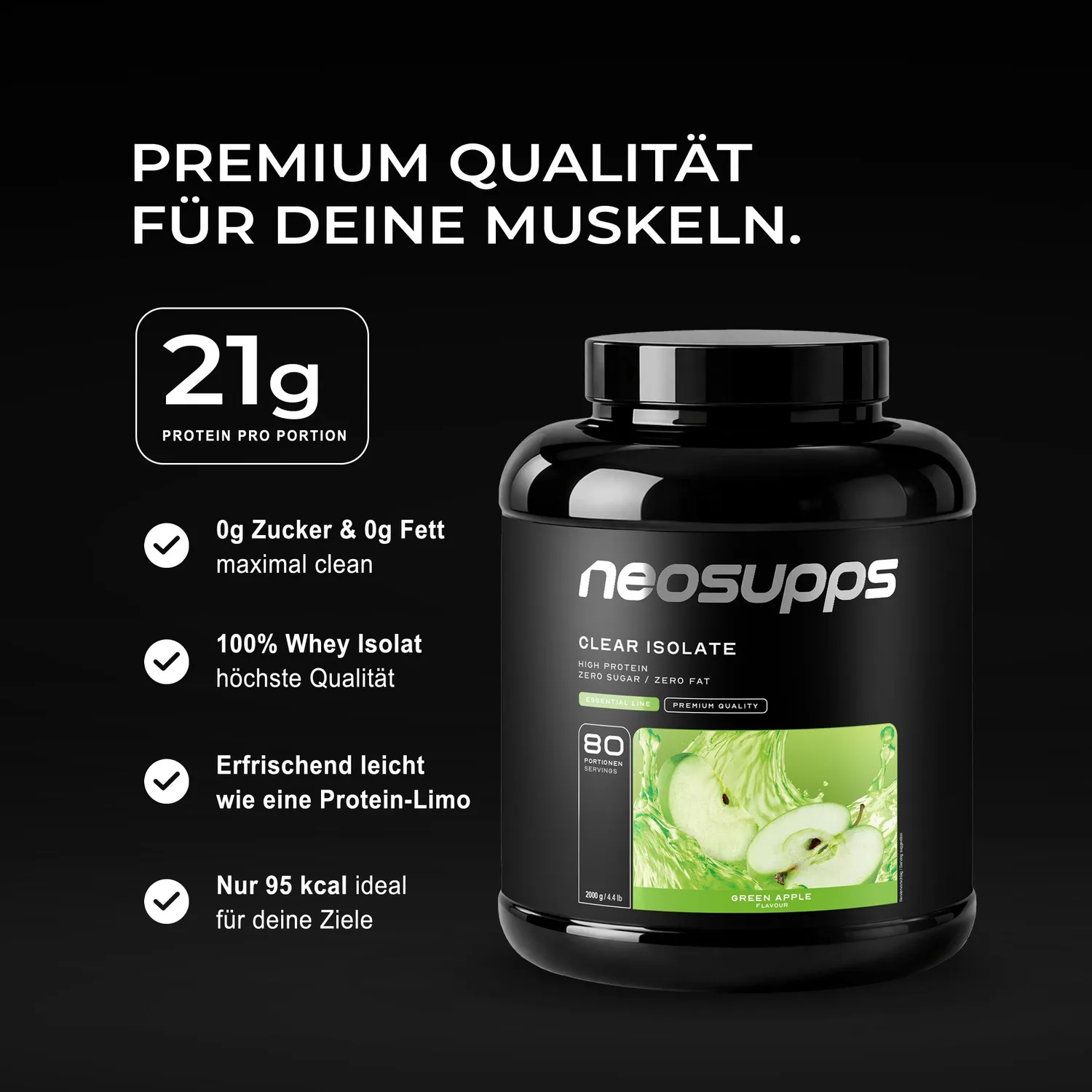 Neosupps Clear Isolate Green Apple Protein 2000g zuckerfrei
