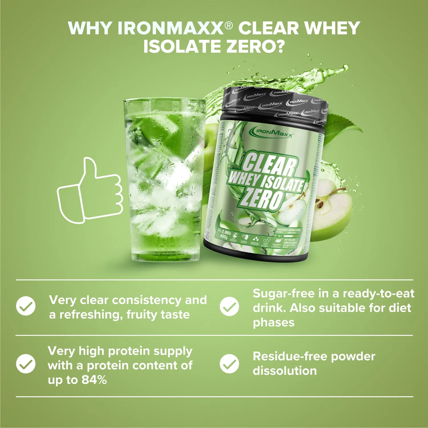 IronMaxx Clear Whey Isolate Zero Proteinpulver 400g Green Apple zuckerfrei