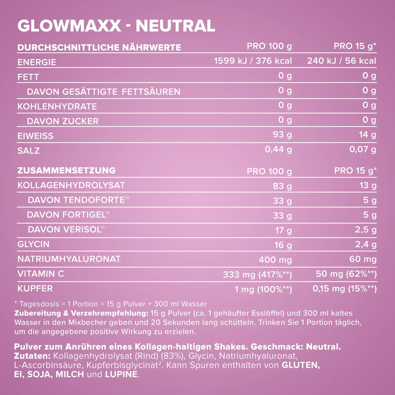 IronMaxx GlowMaxx Kollagen Pulver 300g Neutral Hyaluron