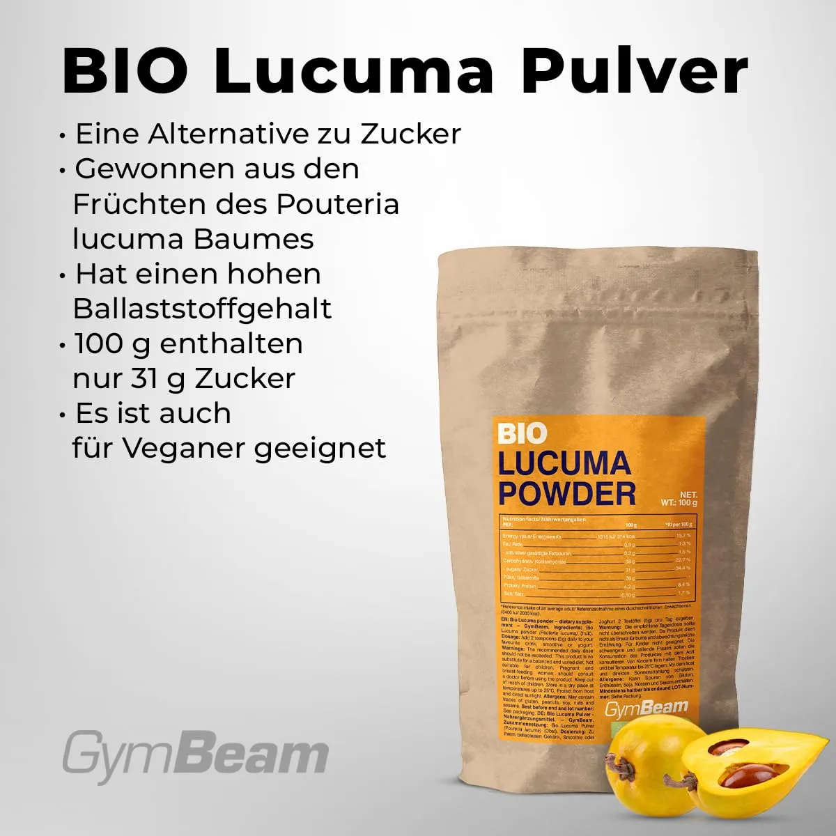 GymBeam BIO Lucuma Pulver 100 g ballaststoffreich