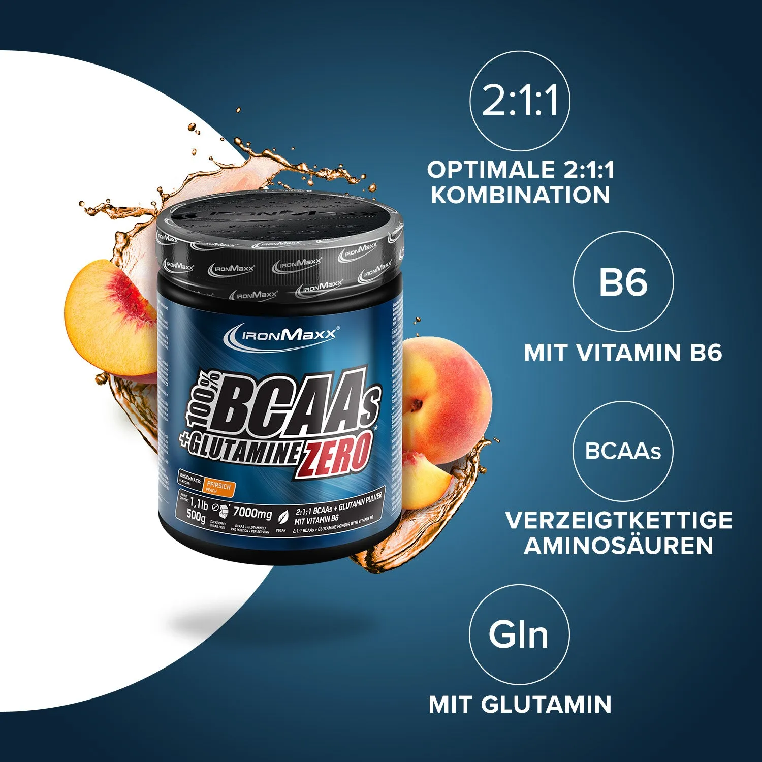 IronMaxx BCAA Glutamine Zero Aminopulver 500g Pfirsich