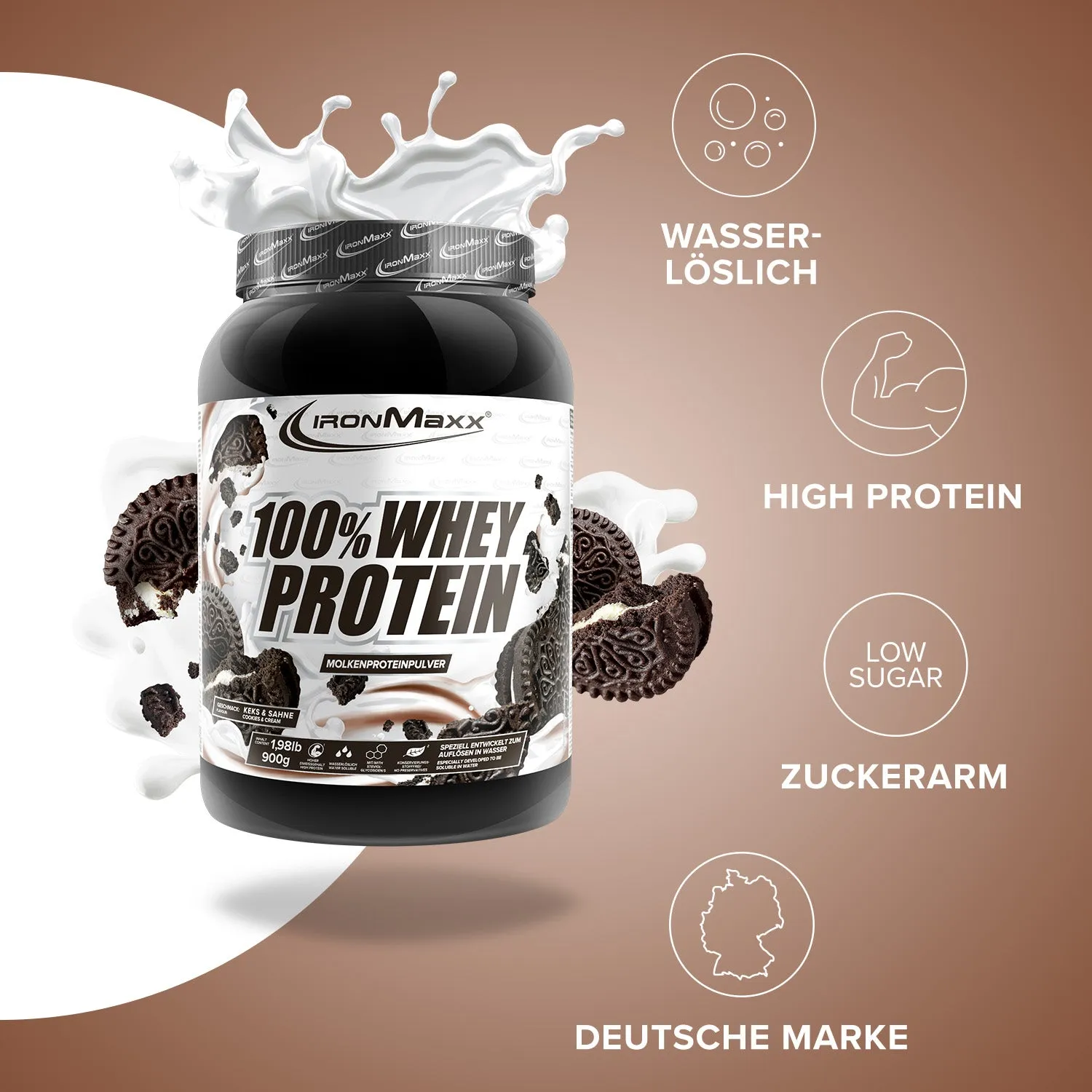IronMaxx 100% Whey Protein Pulver 900 g Cookies and Cream 80%