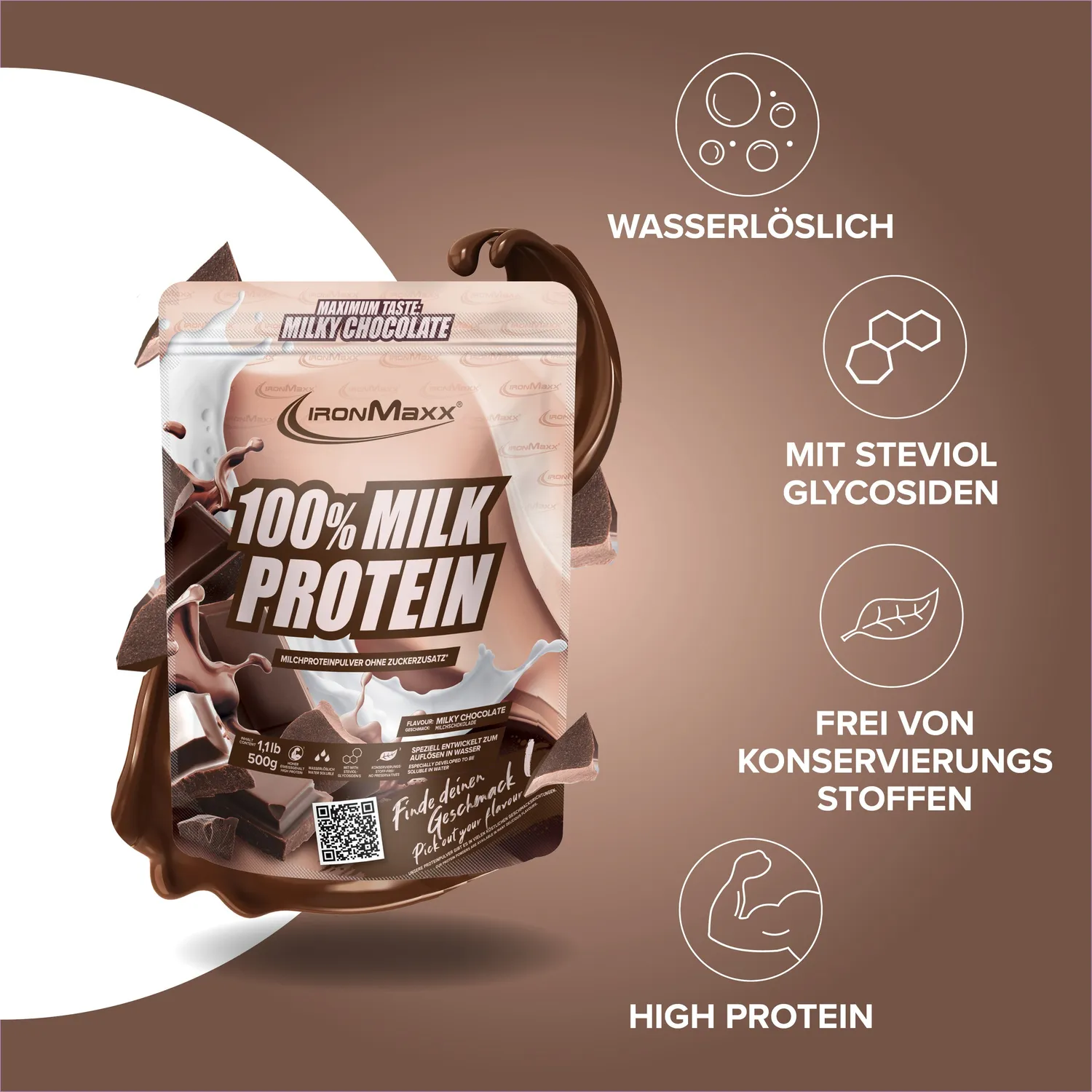 IronMaxx 100% Milk-Protein Pulver Milky Chocolate 500g Casein