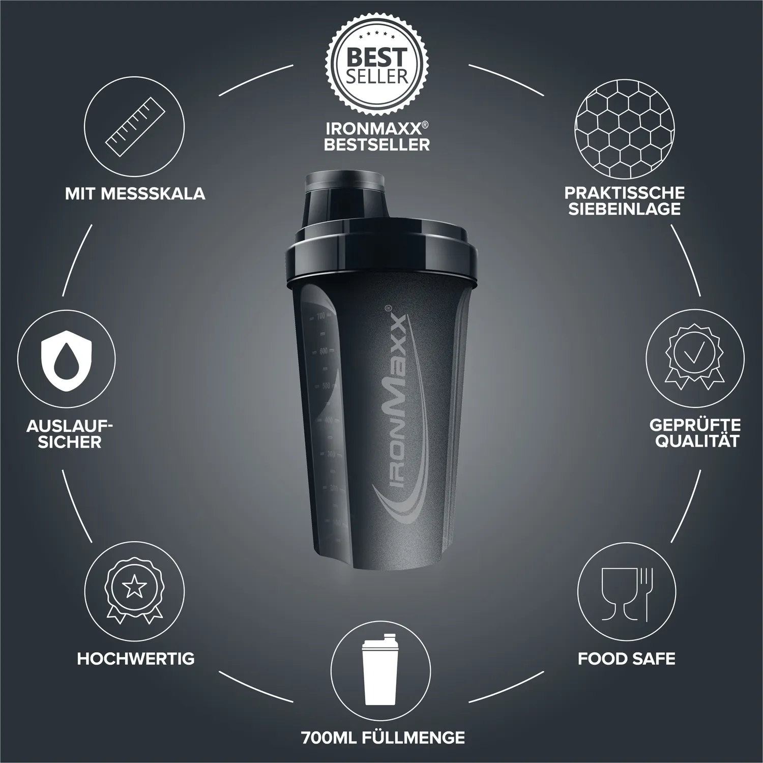 IronMaxx Shaker 700 ml Deep Black BPA-frei